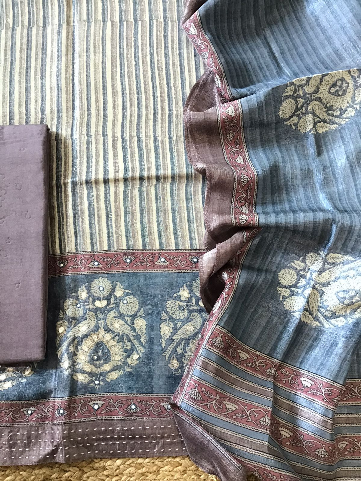 Soft Semi Tussar Printed Embroidered Suit - Brown