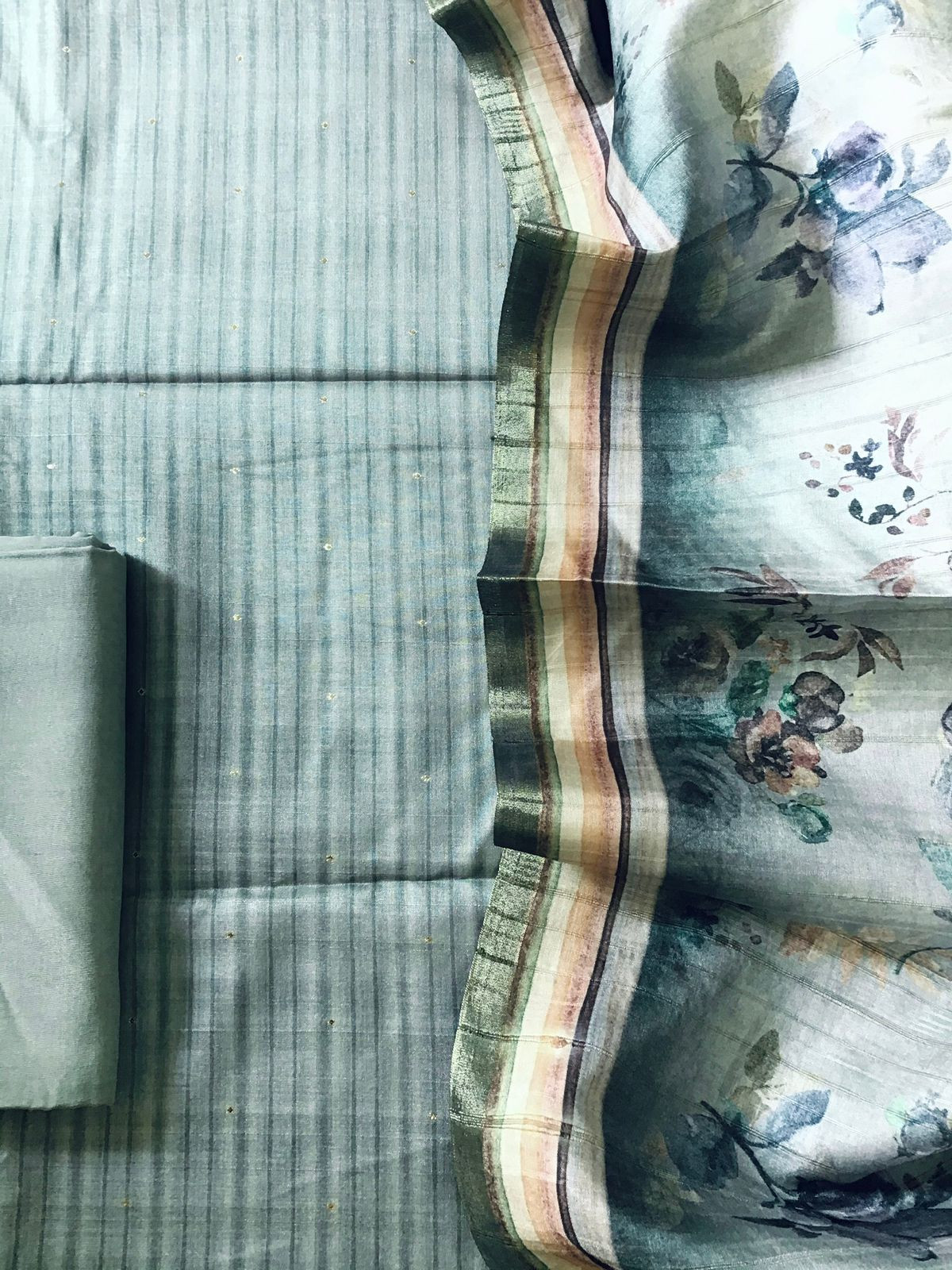 Soft Semi Tussar Printed Banarasi Weaved Suit - Grey