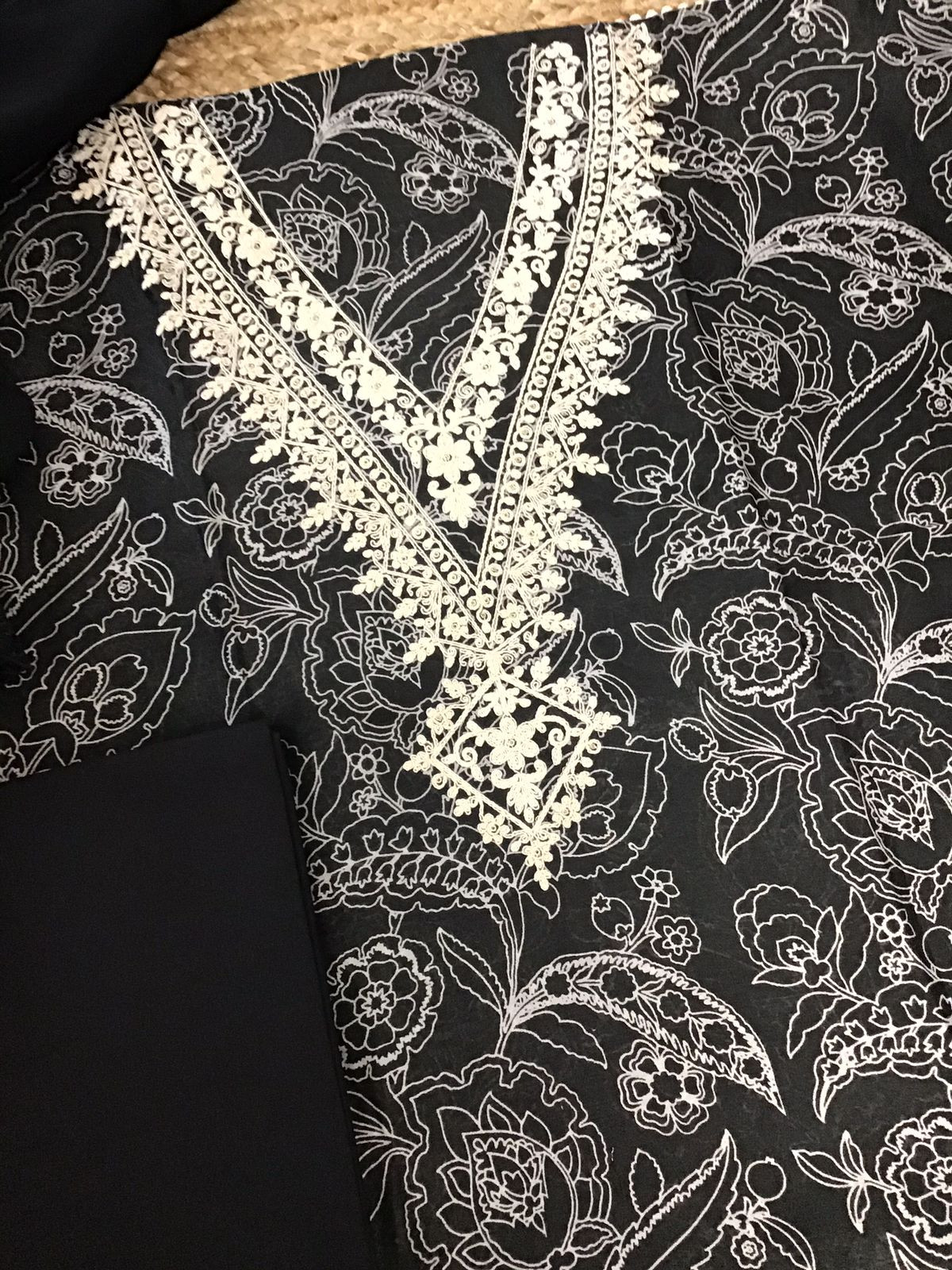 Pure Chanderi Printed Embroidered Suit - Black