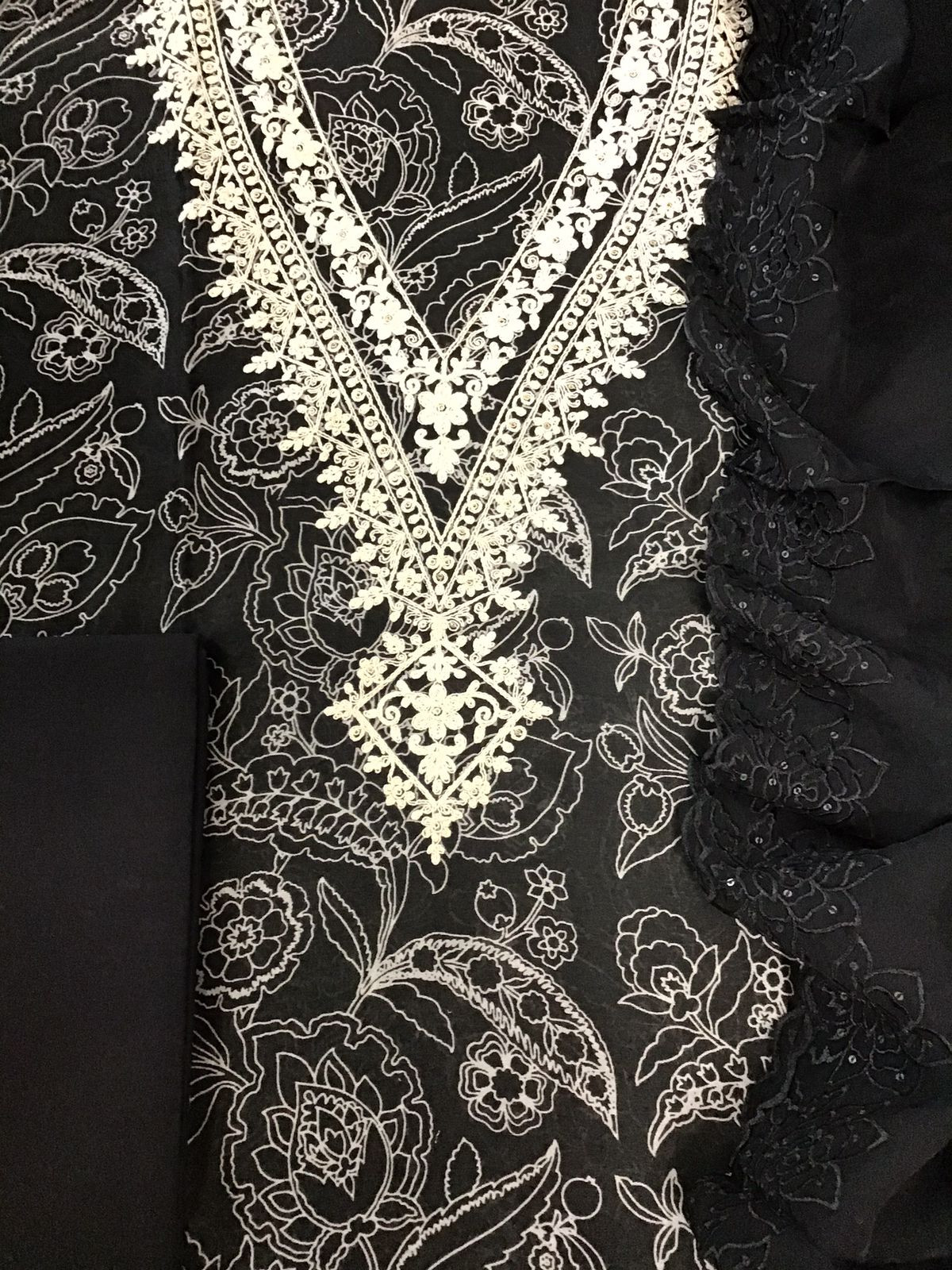 Pure Chanderi Printed Embroidered Suit - Black