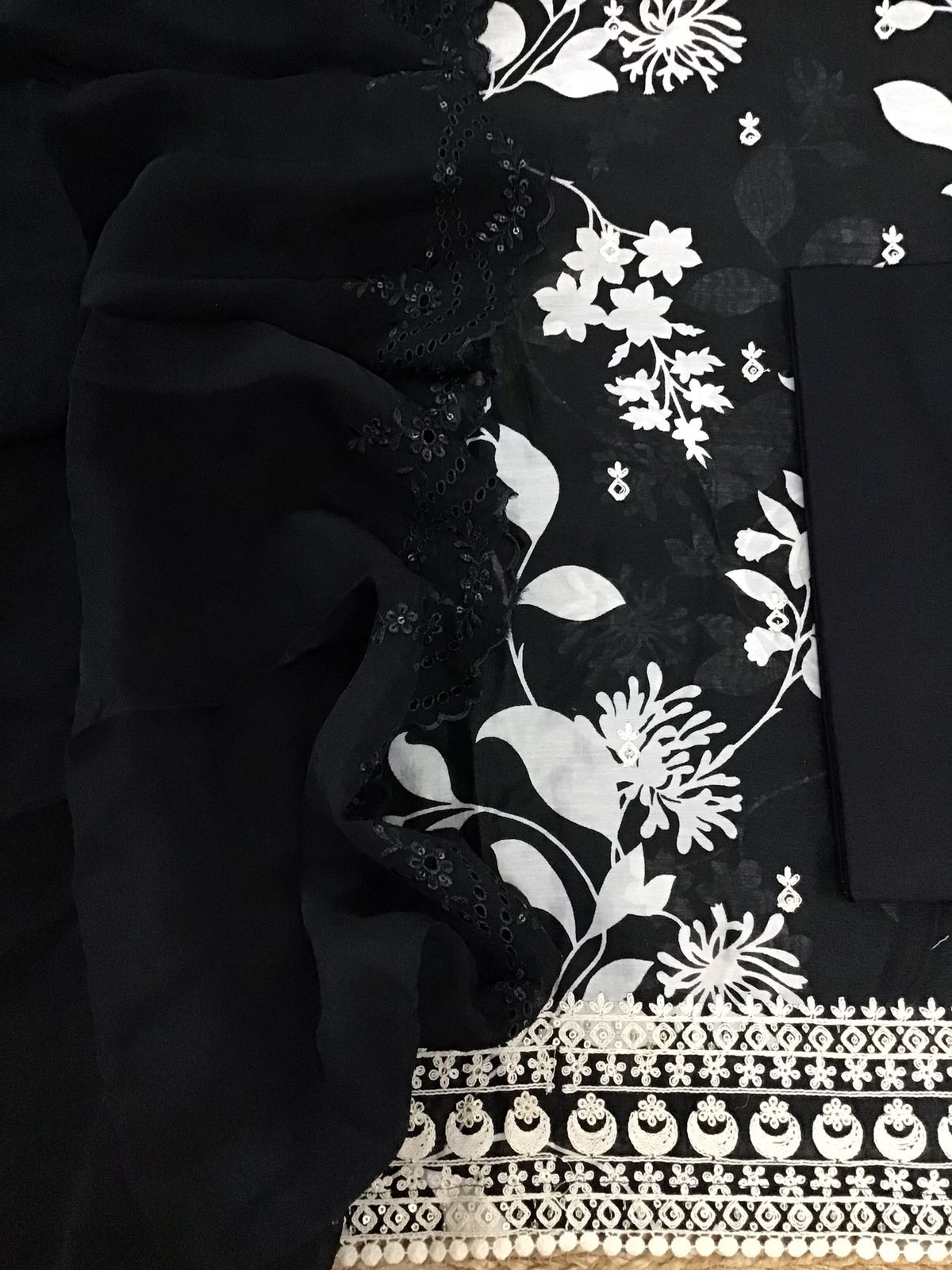 Pure Chanderi Printed Embroidered Suit - Black