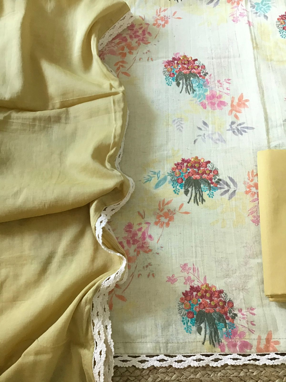 Pure Thick Cotton Printed Embroidered Suit - Yellow