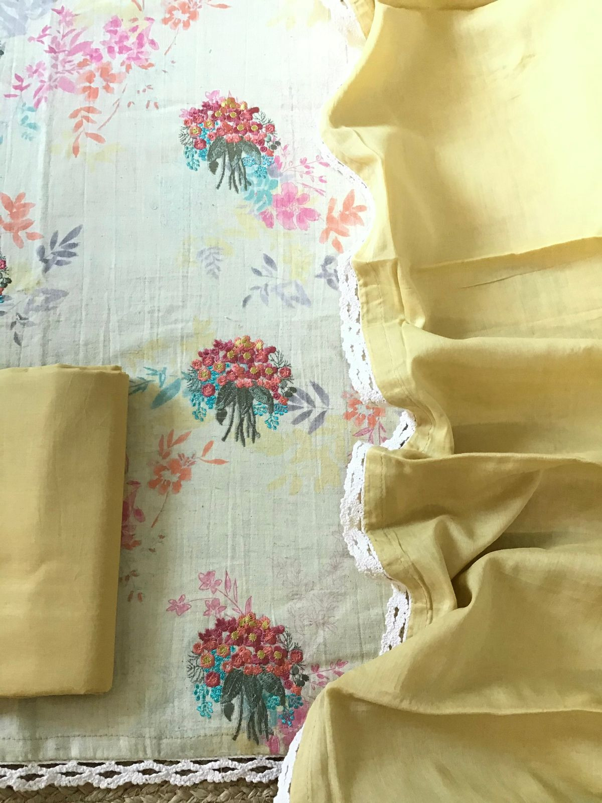 Pure Thick Cotton Printed Embroidered Suit - Yellow