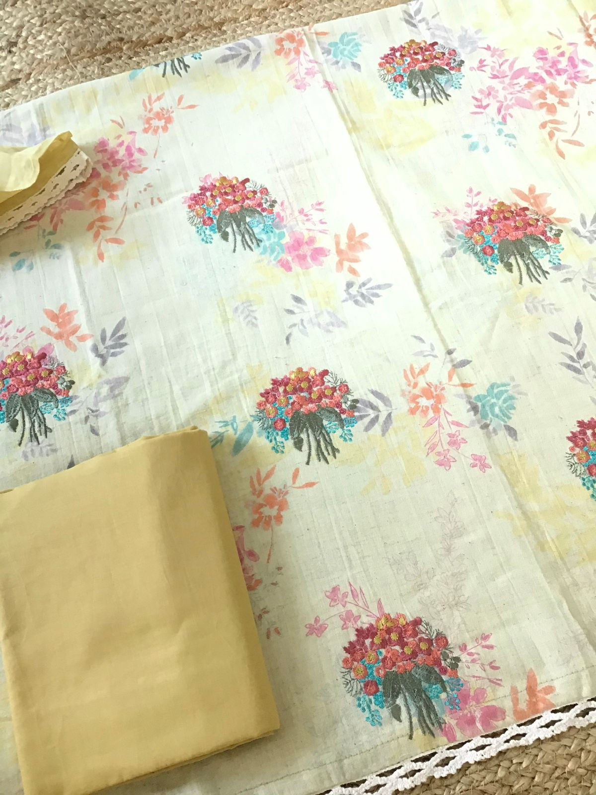 Pure Thick Cotton Printed Embroidered Suit - Yellow