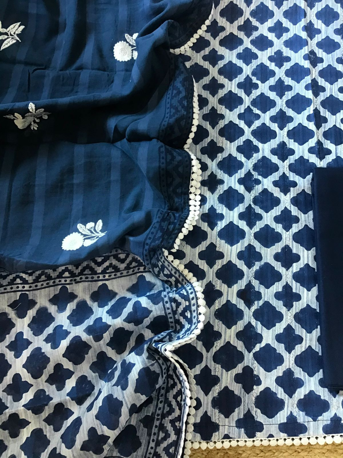 Pure Self Weaved Cotton Printed Embroidered Suit - Blue