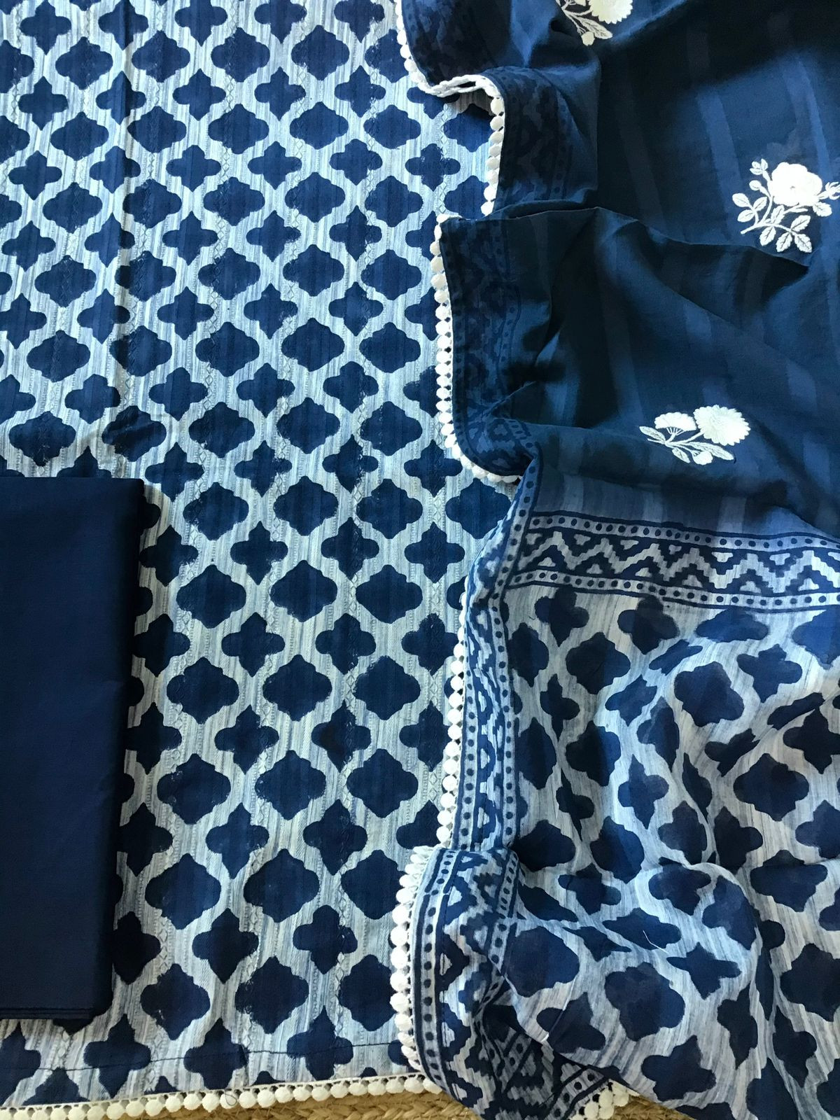 Pure Self Weaved Cotton Printed Embroidered Suit - Blue