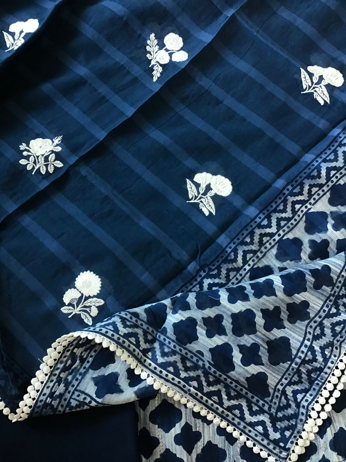 Pure Self Weaved Cotton Printed Embroidered Suit - Blue