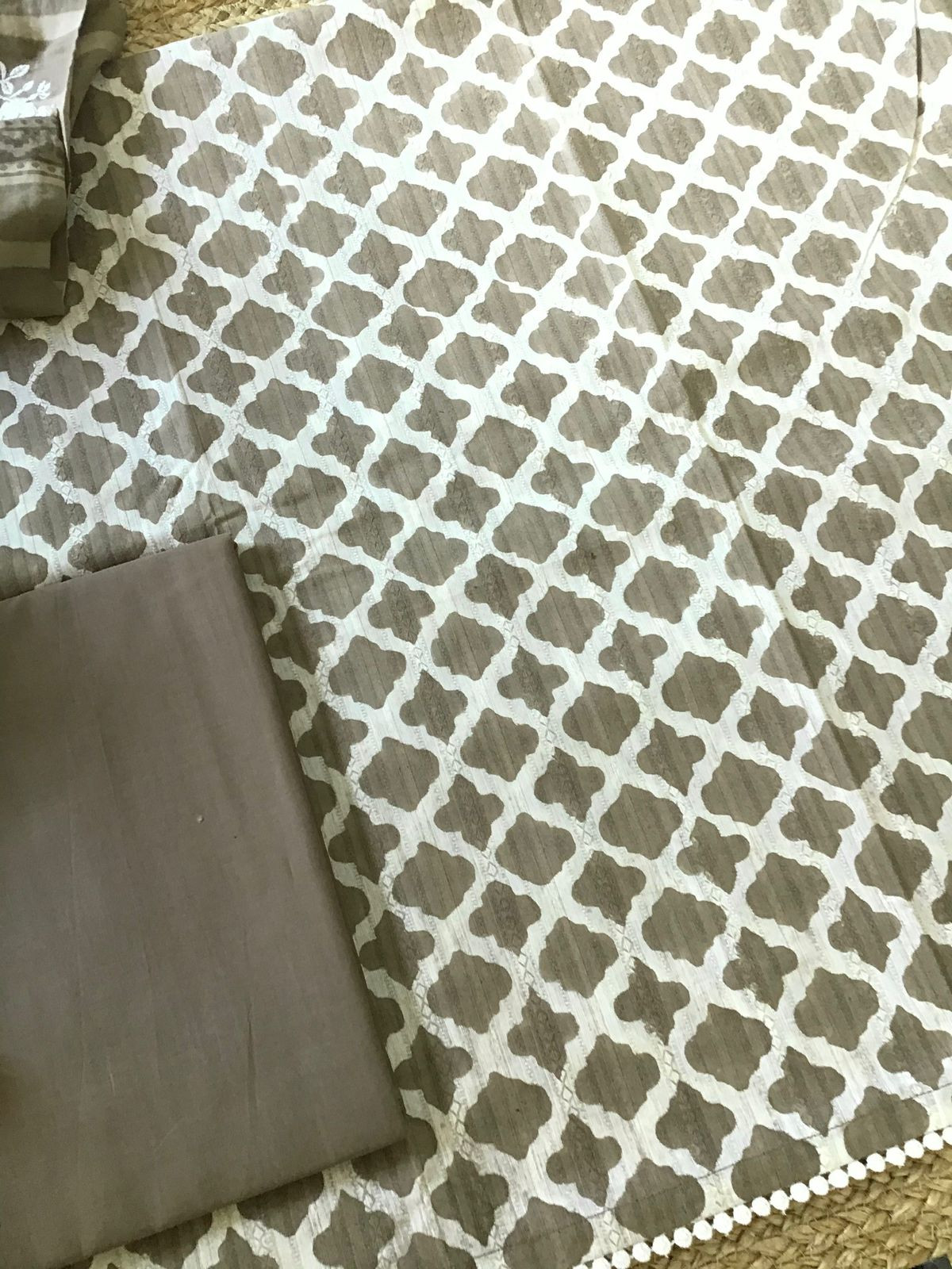 Pure Self Weaved Cotton Printed Embroidered Suit - Brown