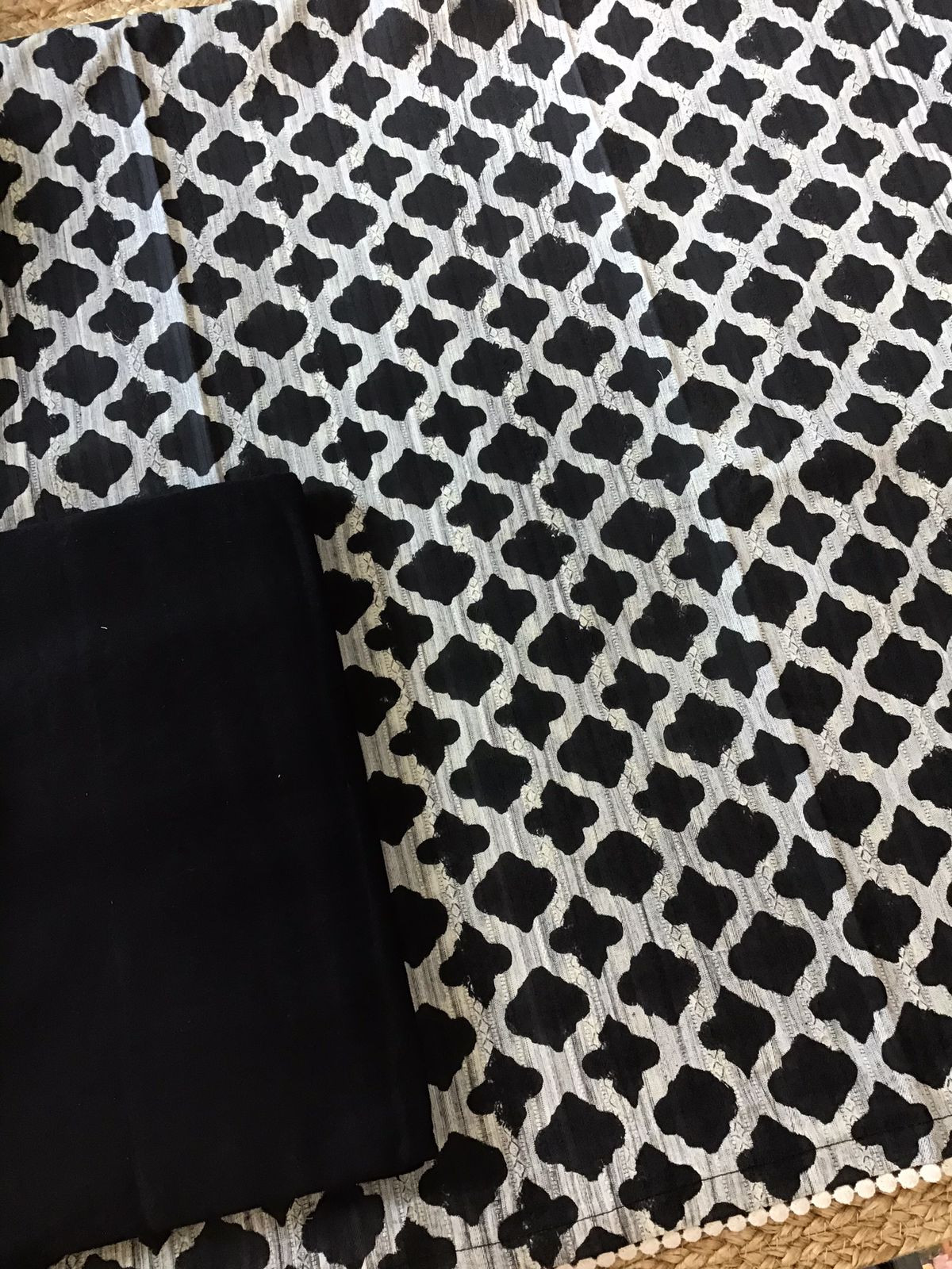 Pure Self Weaved Cotton Printed Embroidered Suit - Black