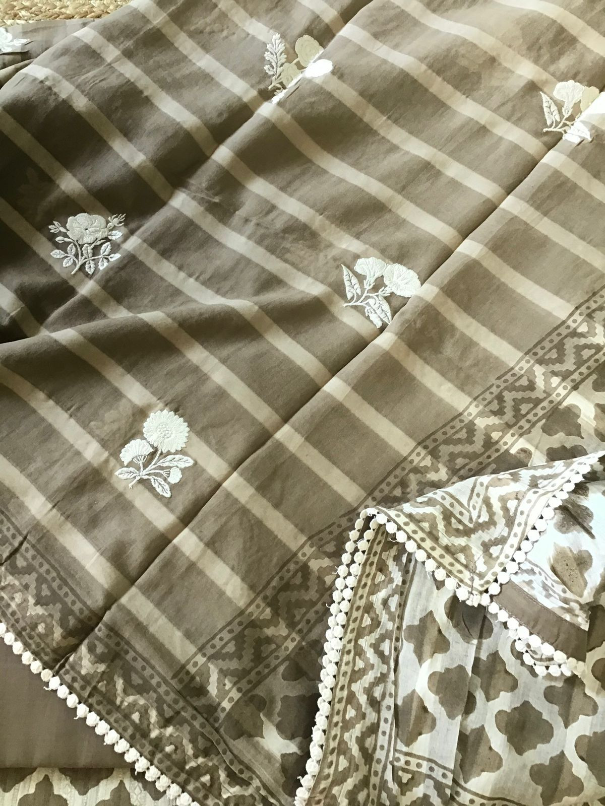 Pure Self Weaved Cotton Printed Embroidered Suit - Brown