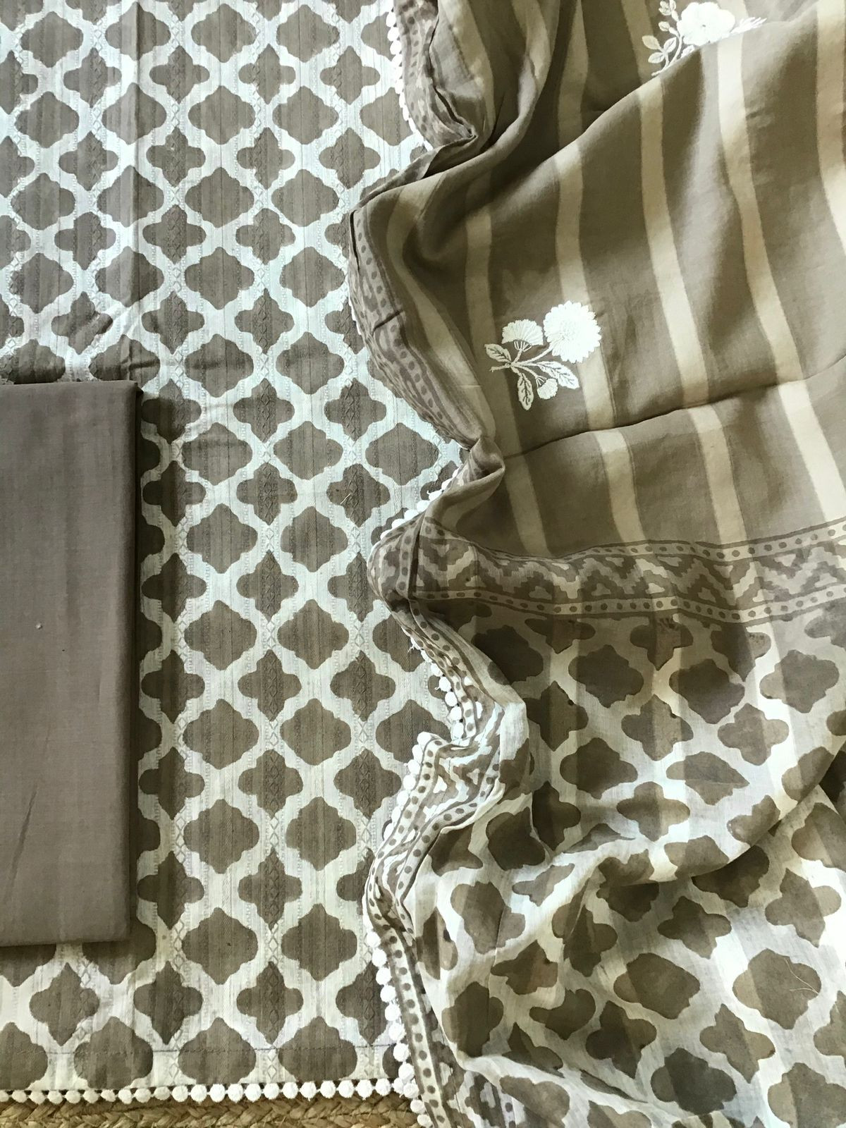 Pure Self Weaved Cotton Printed Embroidered Suit - Brown