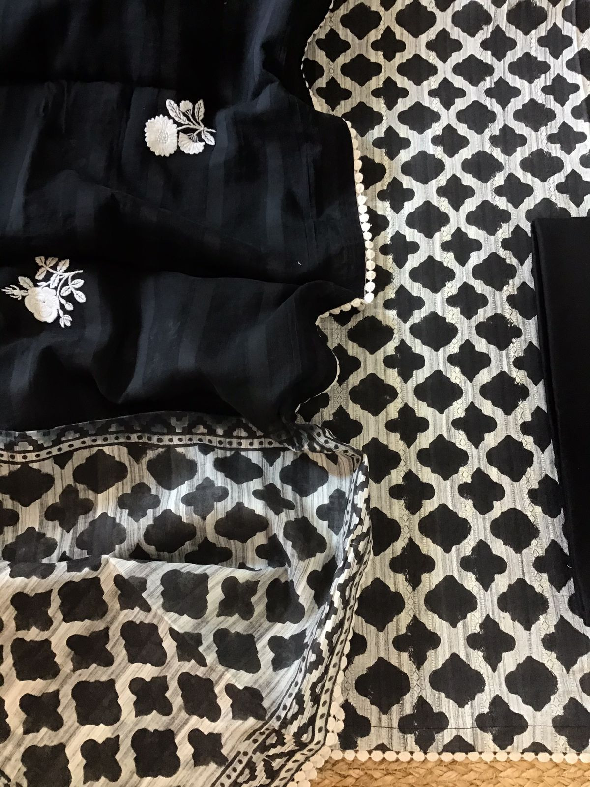 Pure Self Weaved Cotton Printed Embroidered Suit - Black