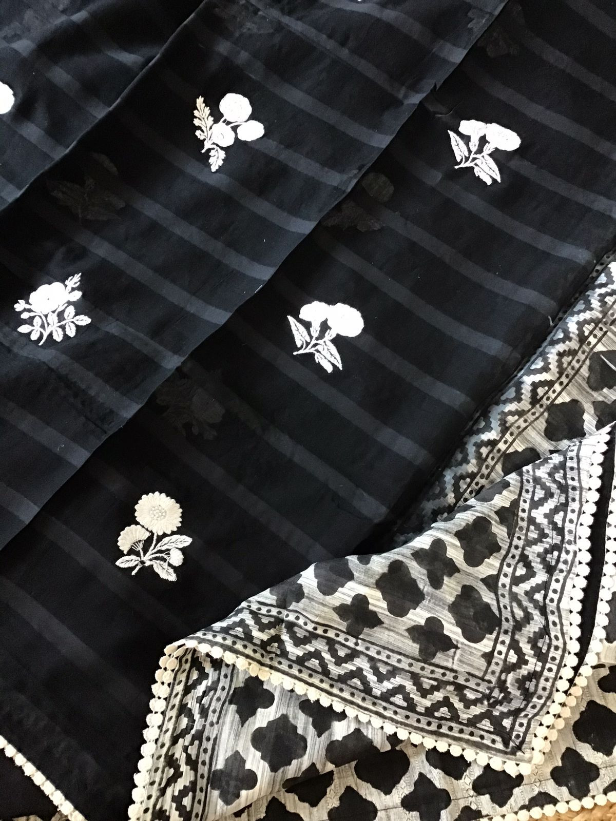 Pure Self Weaved Cotton Printed Embroidered Suit - Black