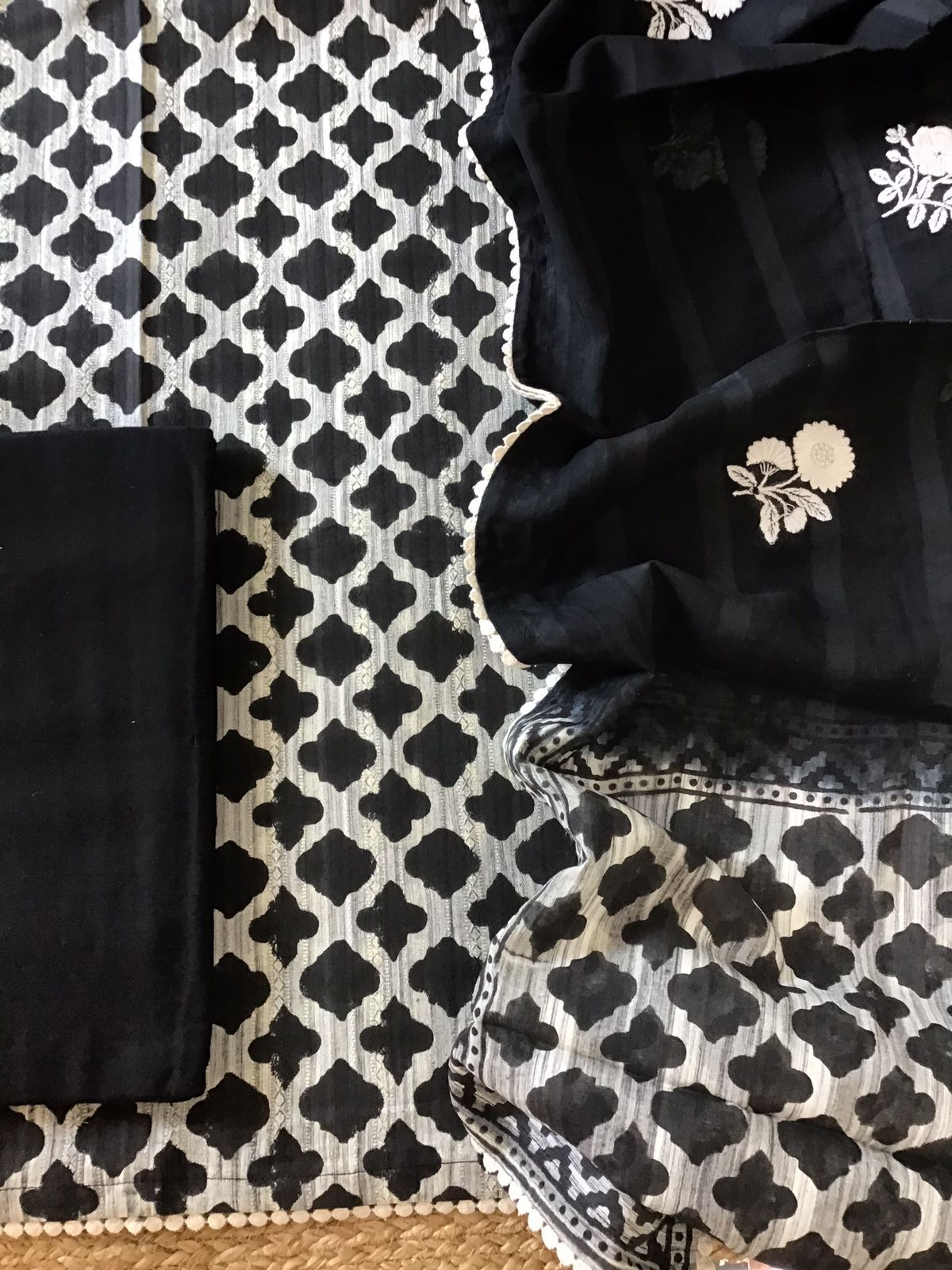 Pure Self Weaved Cotton Printed Embroidered Suit - Black