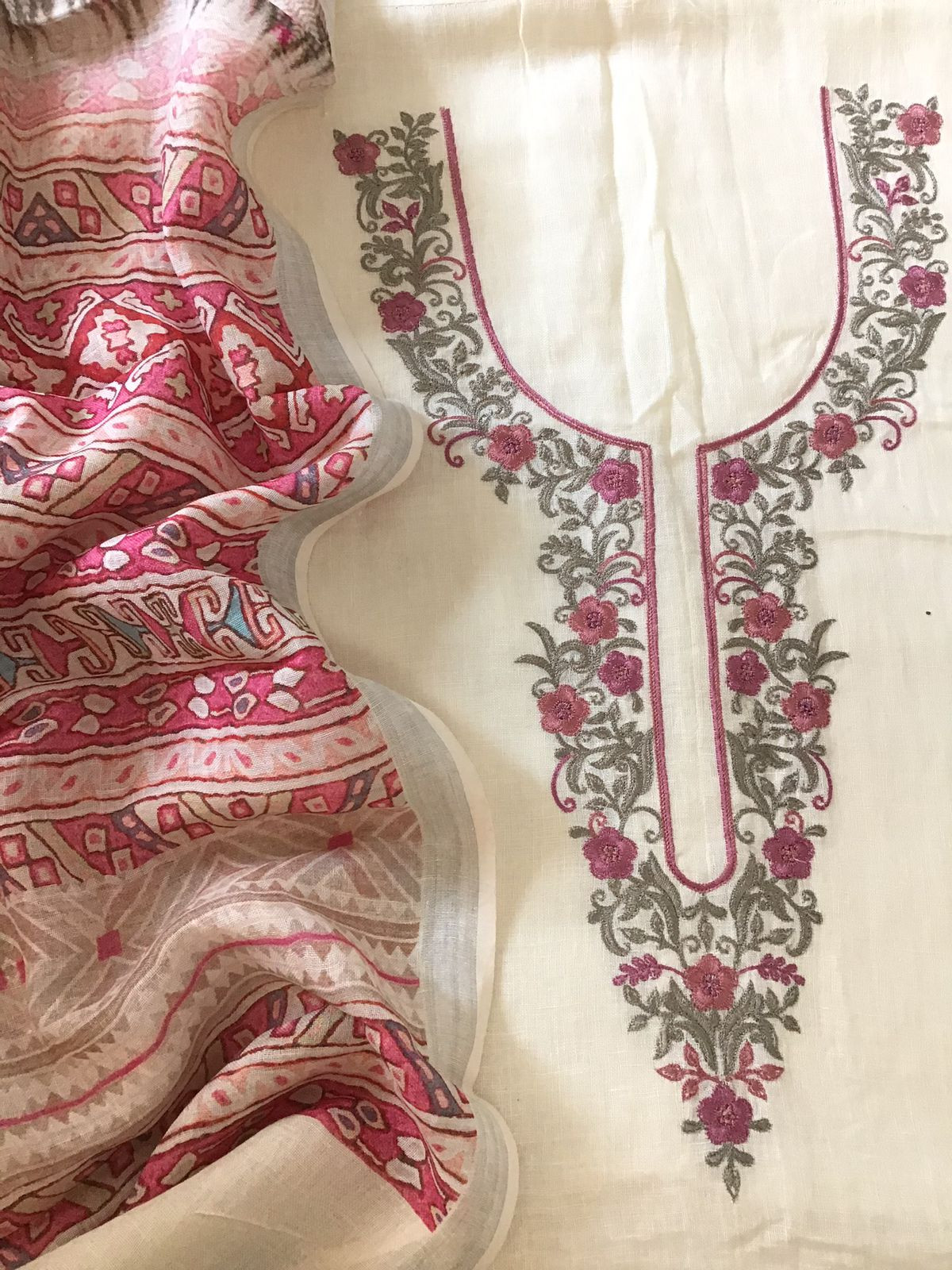 Pure Linen Jute Cotton Printed Embroidered Suit - Offwhite