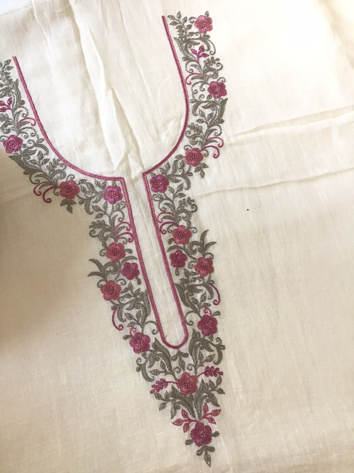 Pure Linen Jute Cotton Printed Embroidered Suit - Offwhite