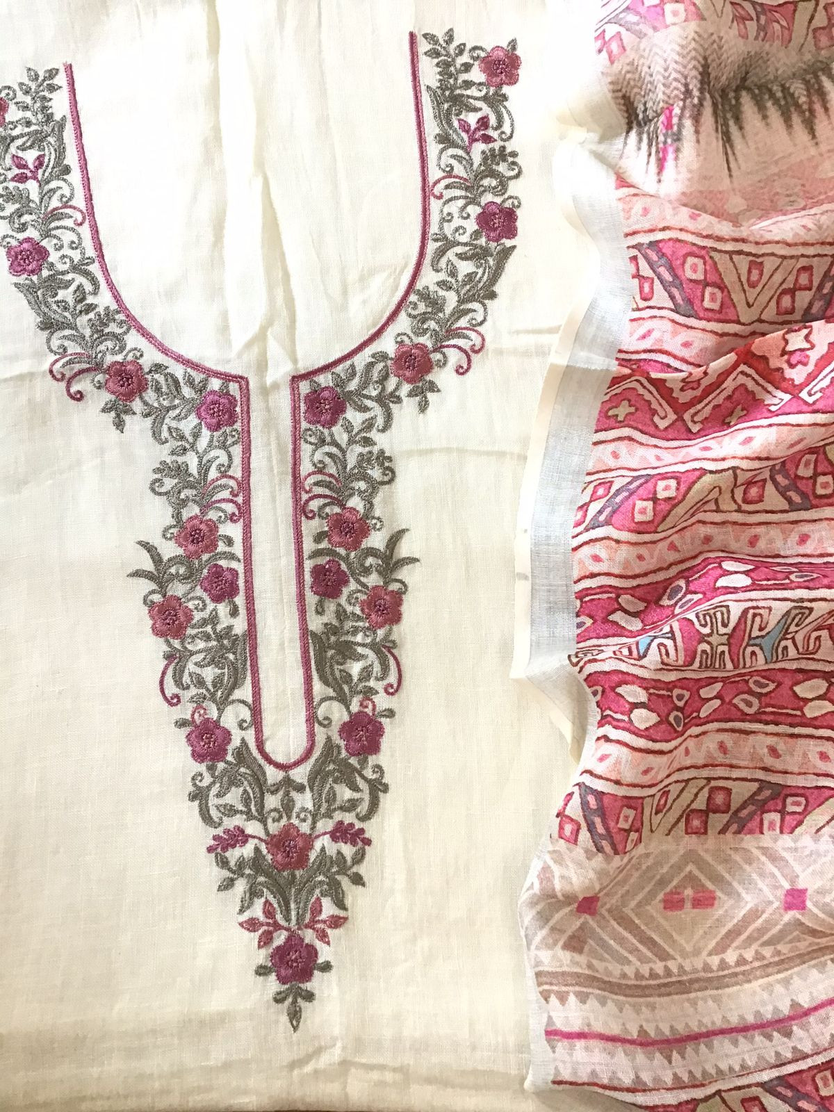 Pure Linen Jute Cotton Printed Embroidered Suit - Offwhite