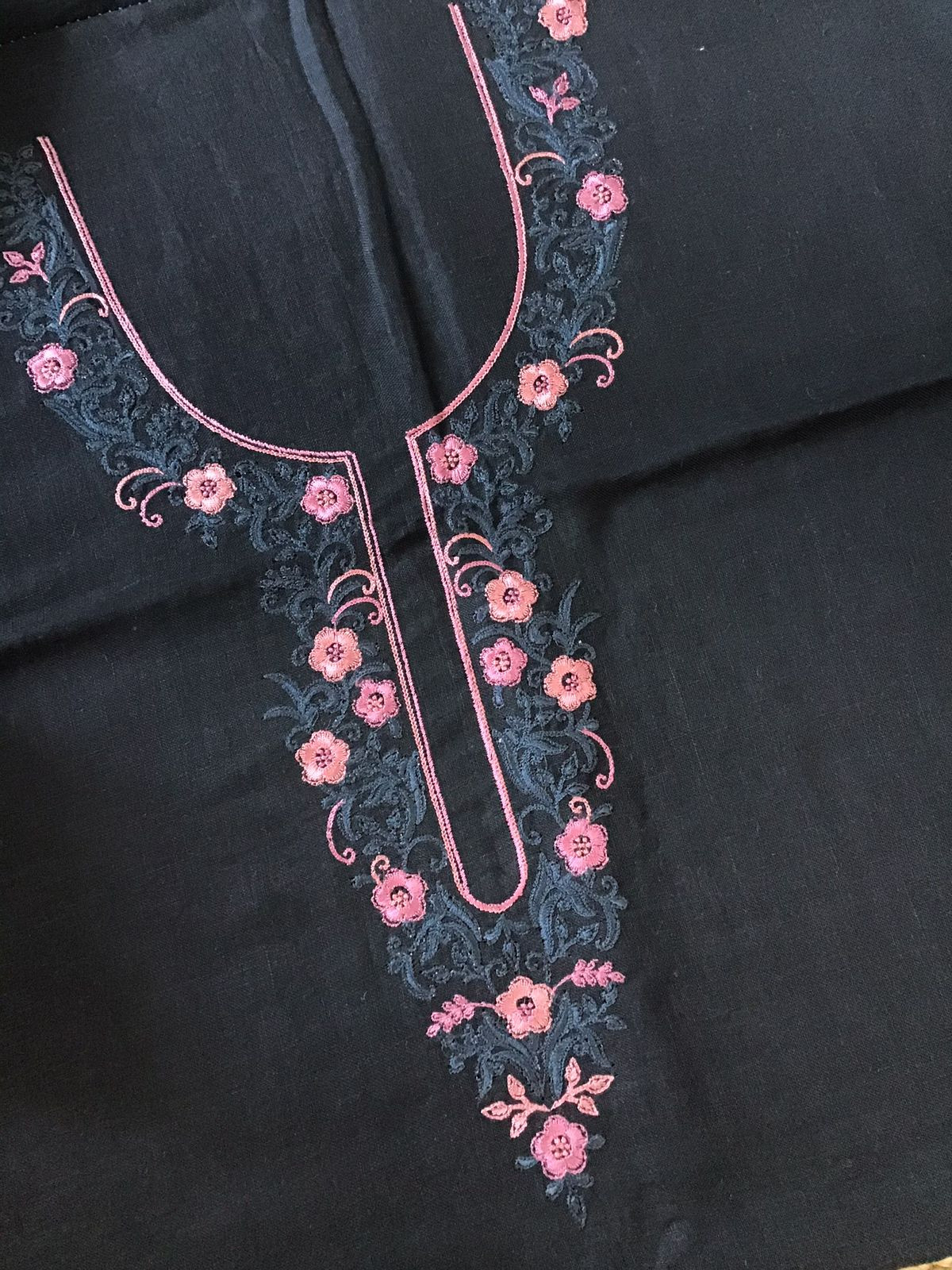 Pure Linen Jute Cotton Printed Embroidered Suit - Black