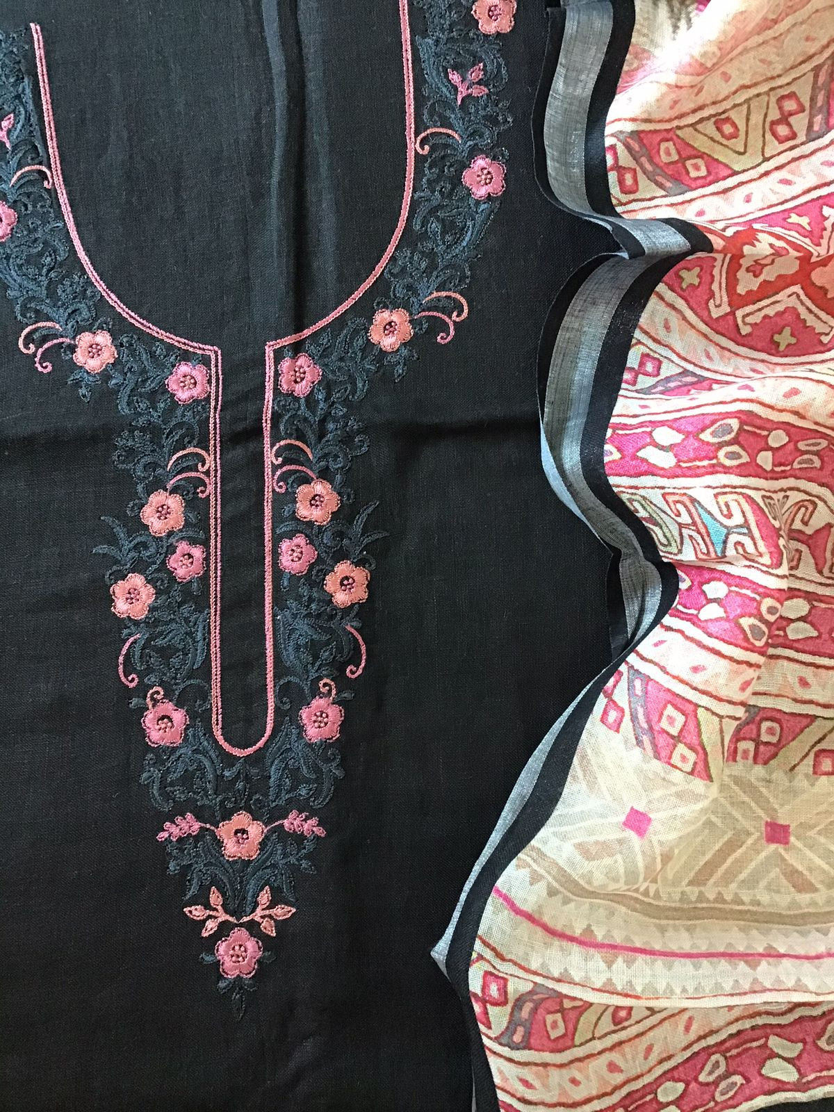 Pure Linen Jute Cotton Printed Embroidered Suit - Black