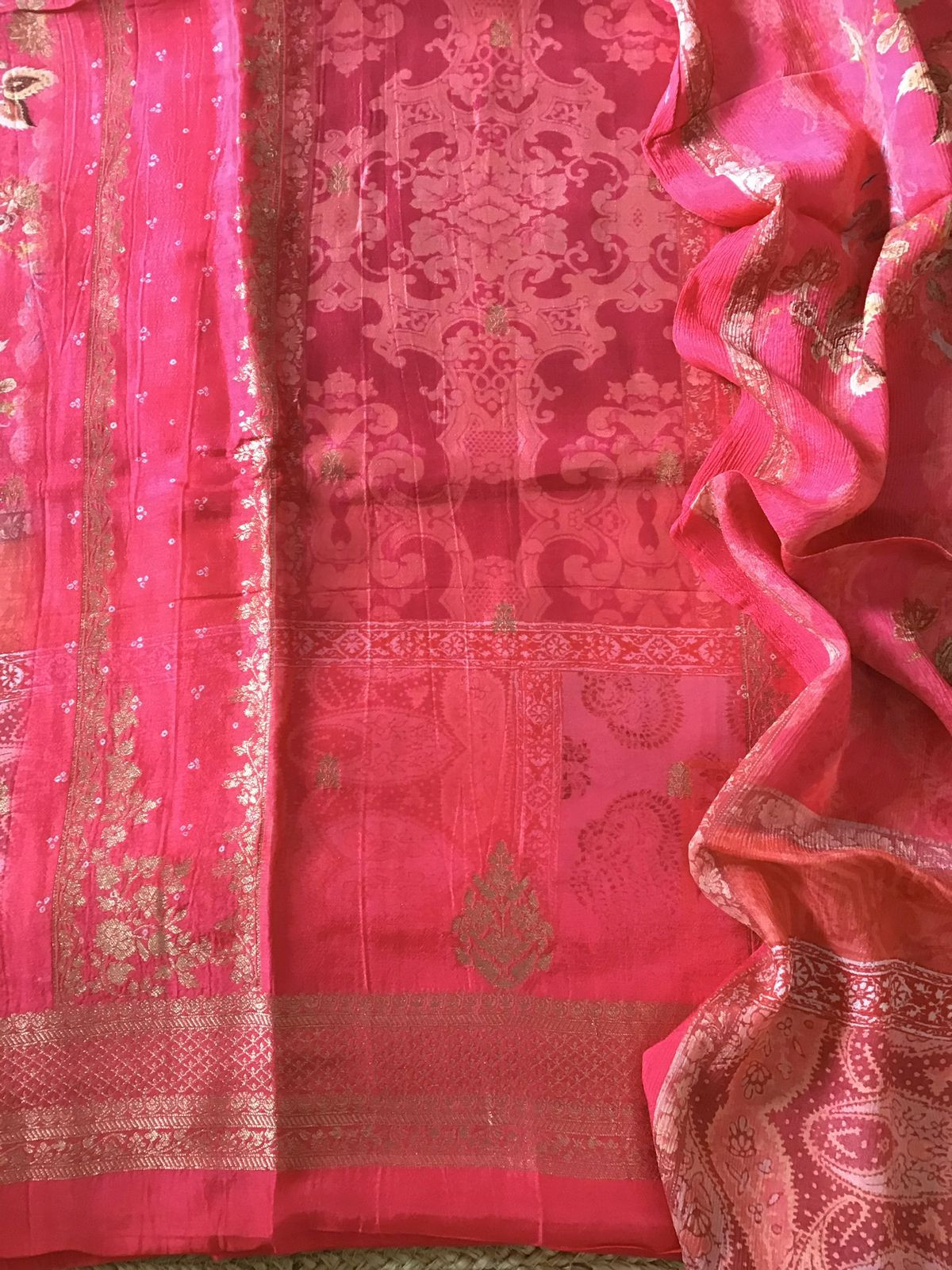 Pure Upada Silk Printed Banarasi Weaved Suit - Pink