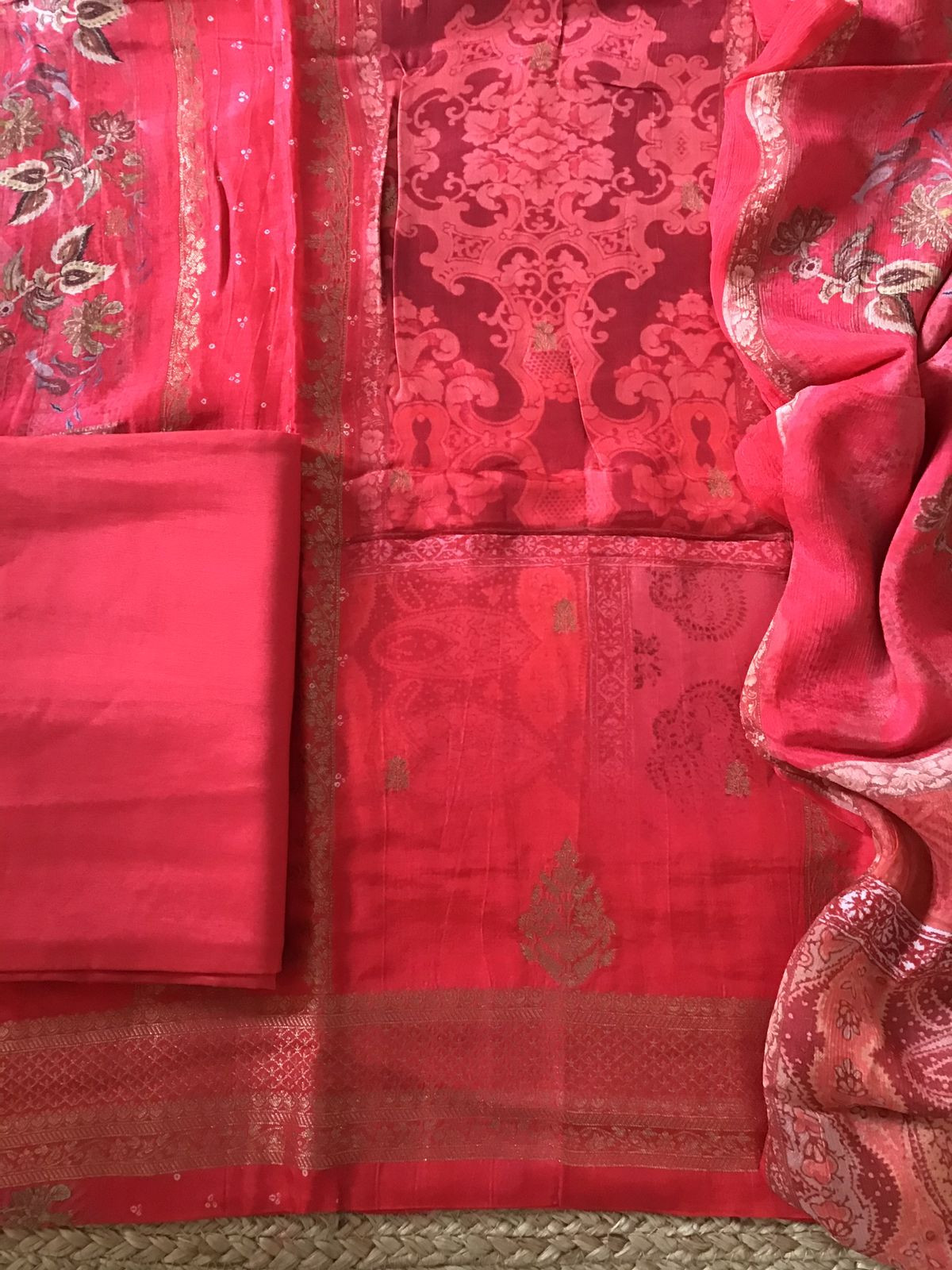 Pure Upada Silk Printed Banarasi Weaved Suit - Red