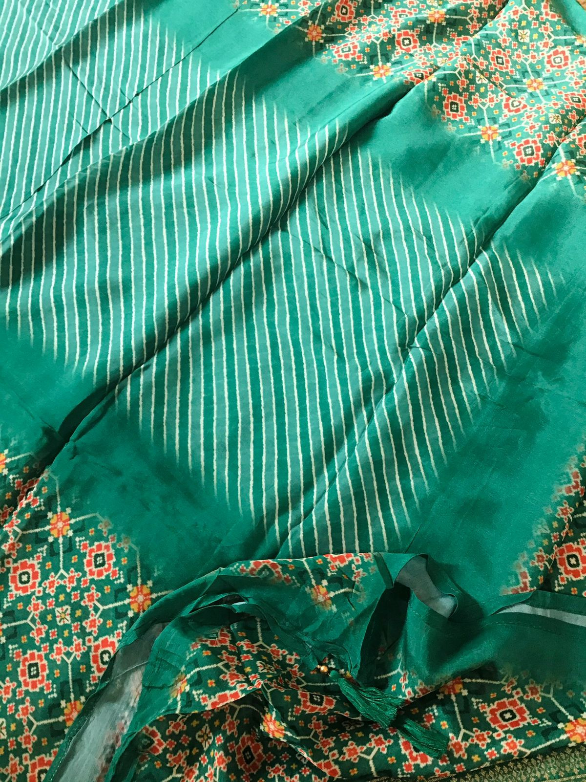 Pure Upada Silk Printed Banarasi Weaved Suit - Green