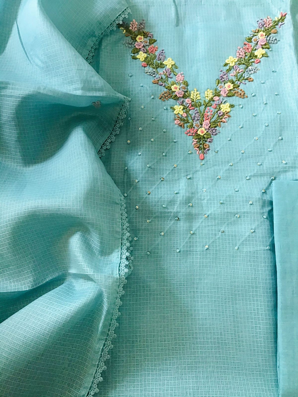 Soft Kota Silk Embroidered Suit - Blue