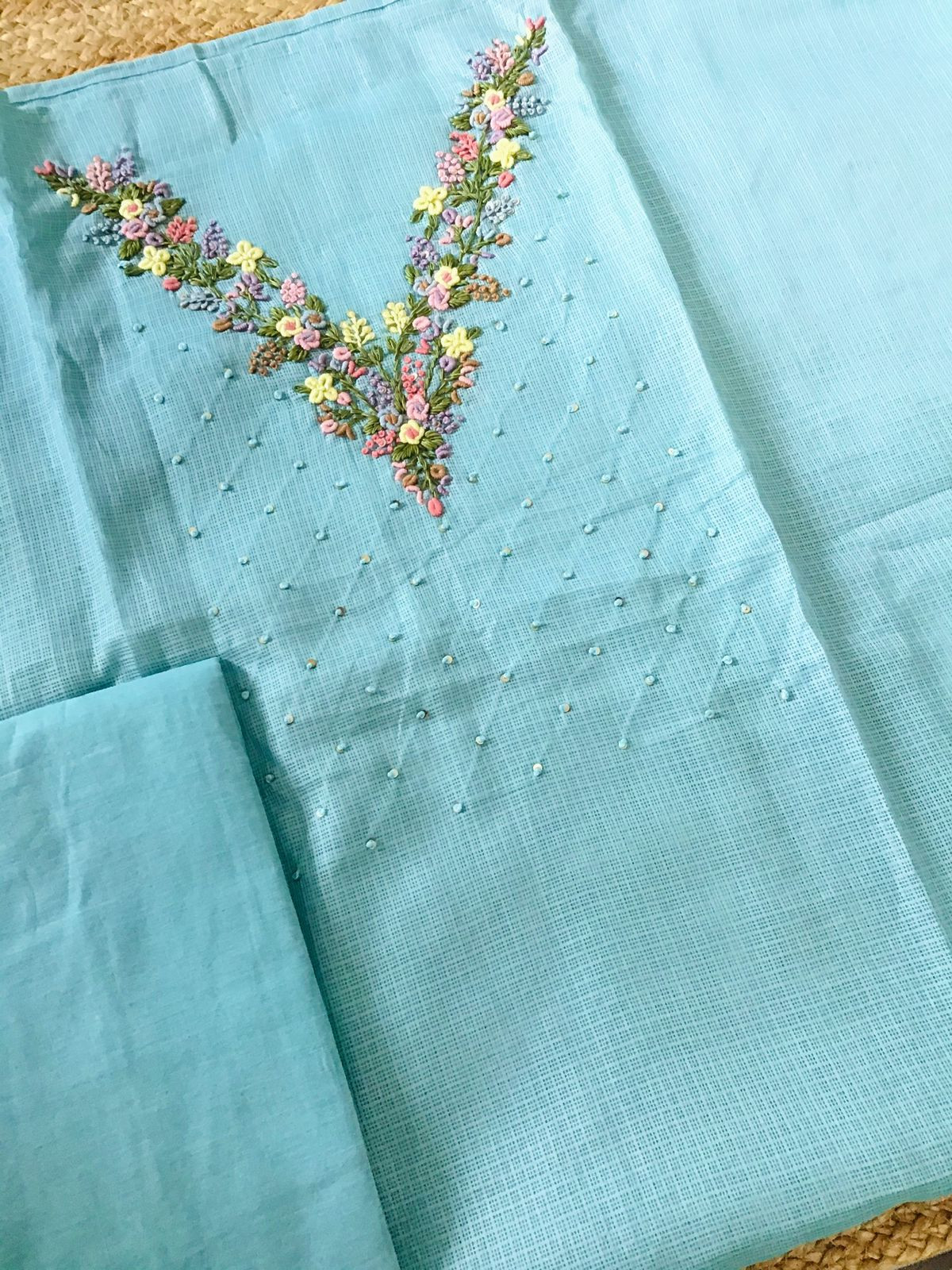 Soft Kota Silk Embroidered Suit - Blue