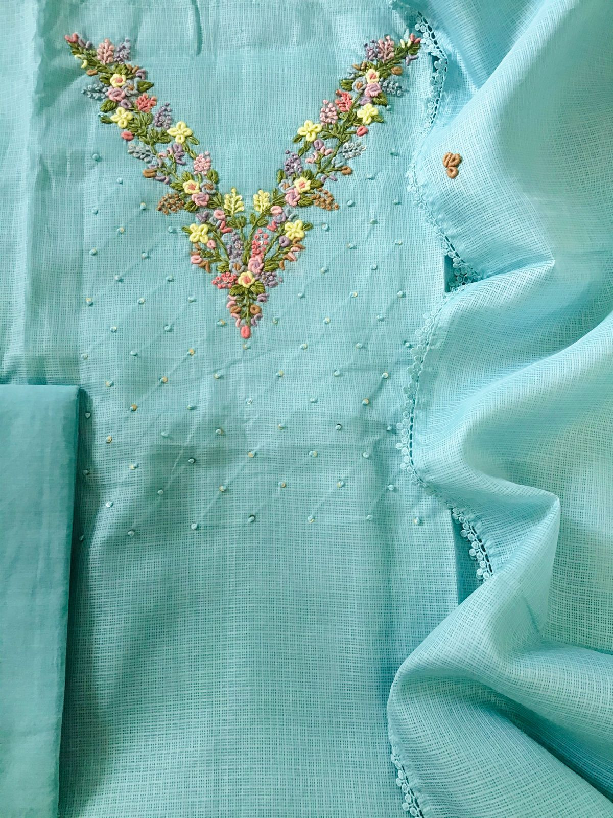 Soft Kota Silk Embroidered Suit - Blue