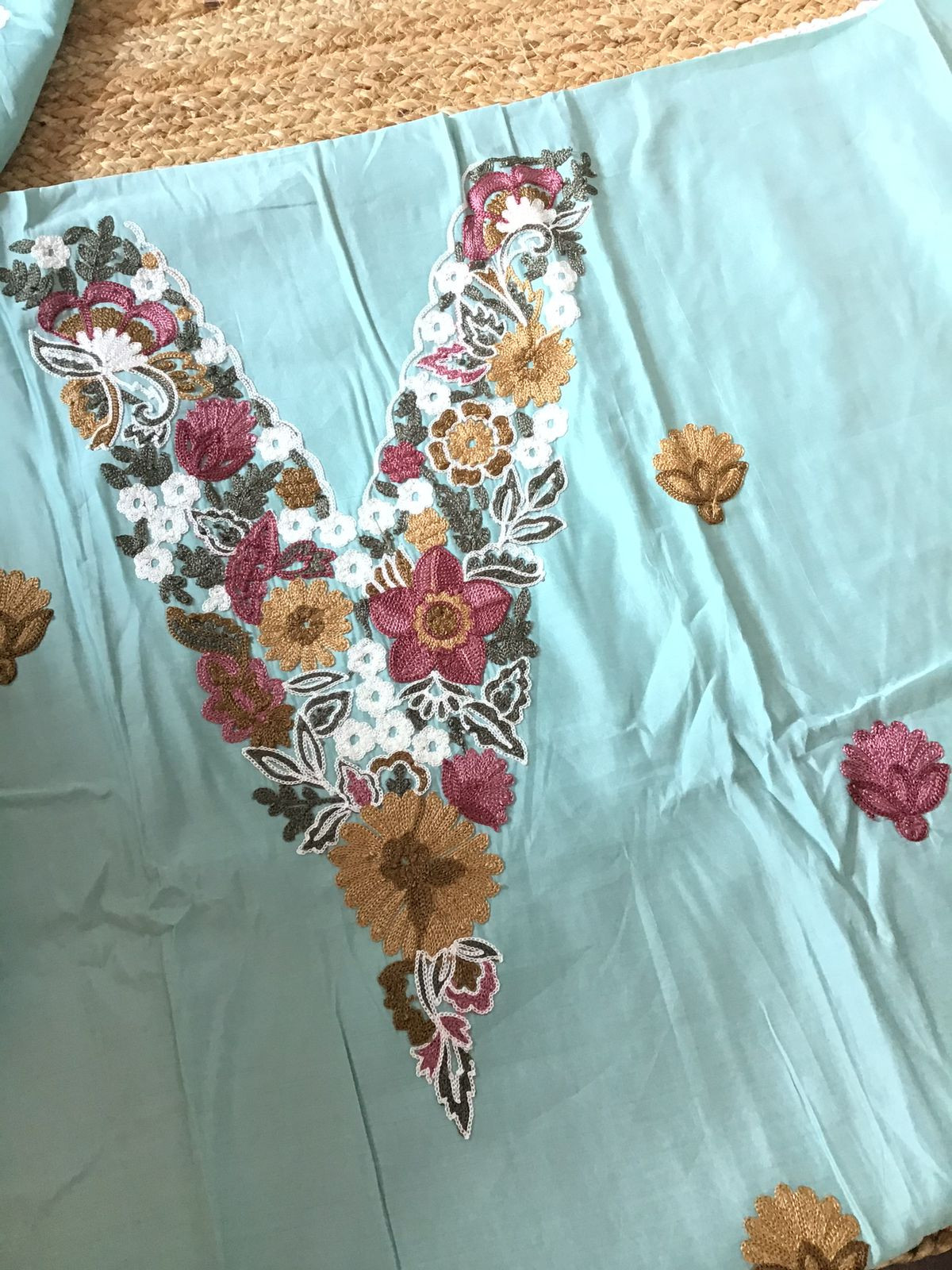 Soft Silk Embroidered Suit - Blue