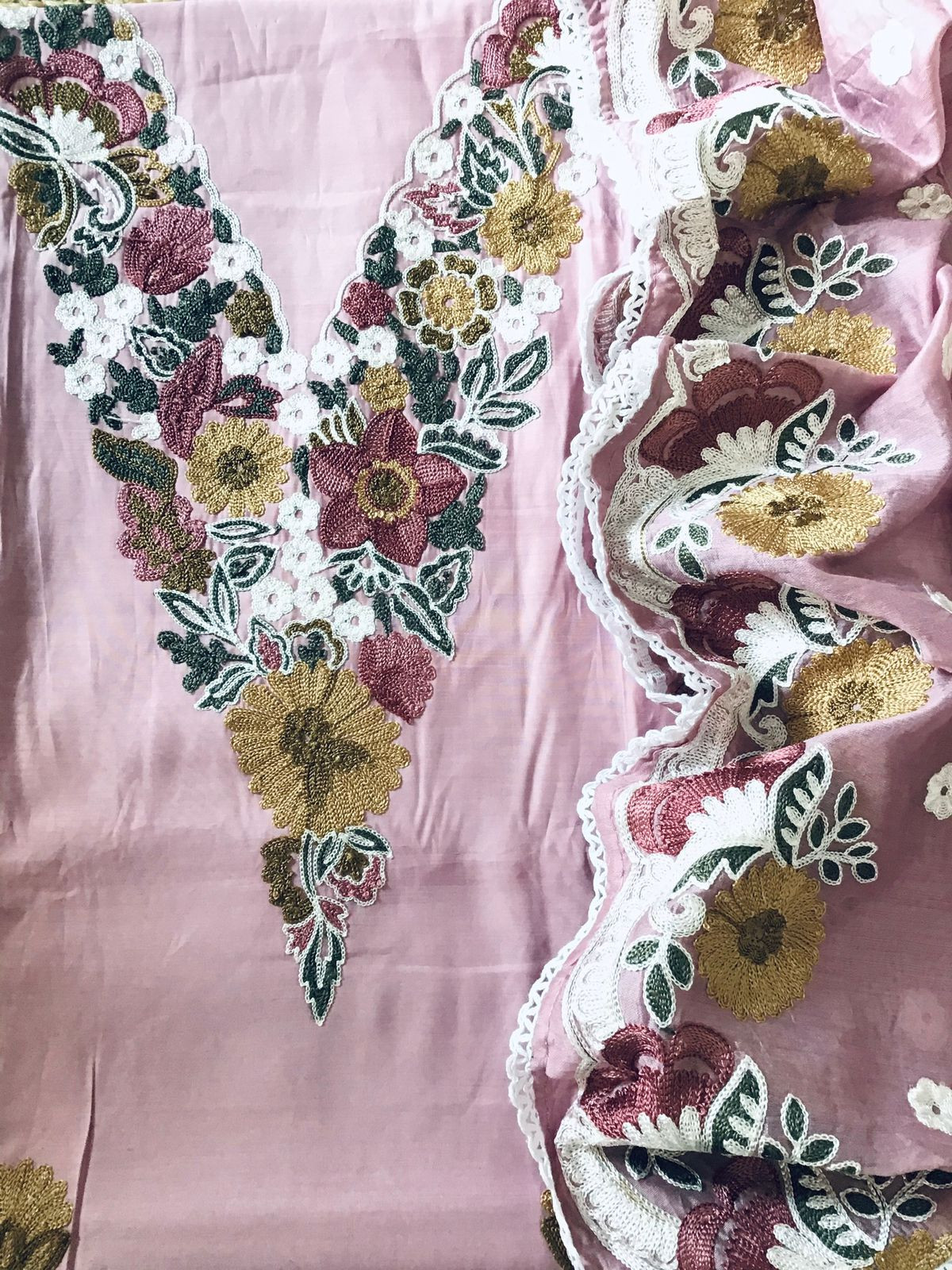 Soft Silk Embroidered Suit - Onion Pink