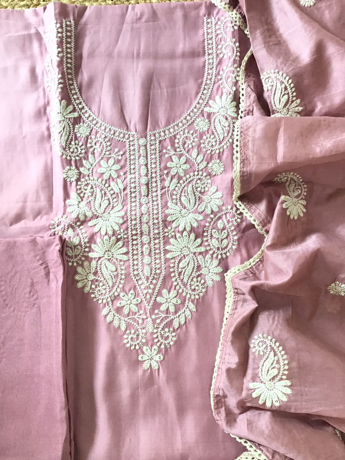 Soft Silk Embroidered Suit - Onion Pink