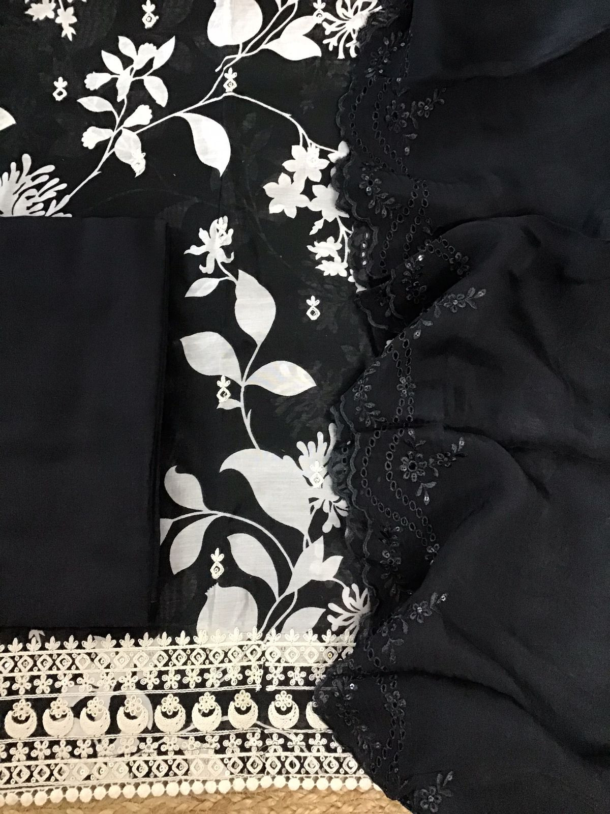 Pure Chanderi Printed Embroidered Suit - Black