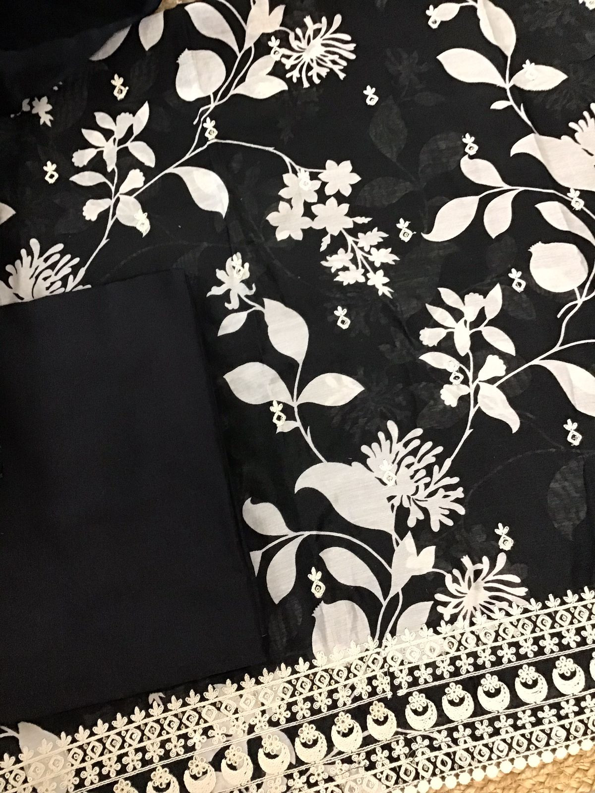 Pure Chanderi Printed Embroidered Suit - Black
