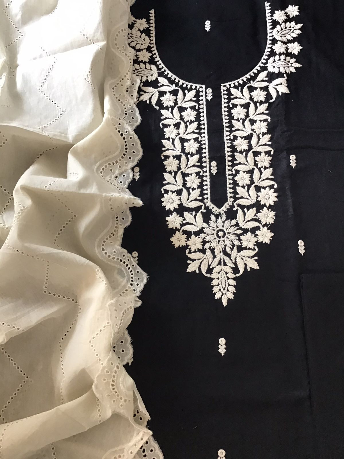 Pure Cotton Embroidered Suit - Black