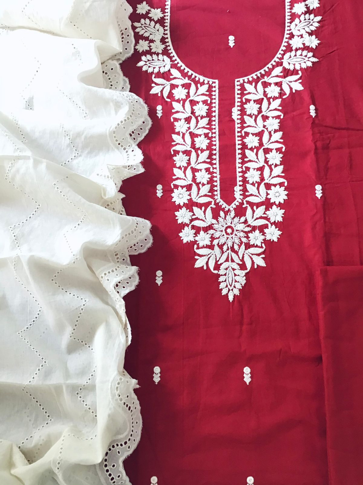 Pure Cotton Embroidered Suit - Red