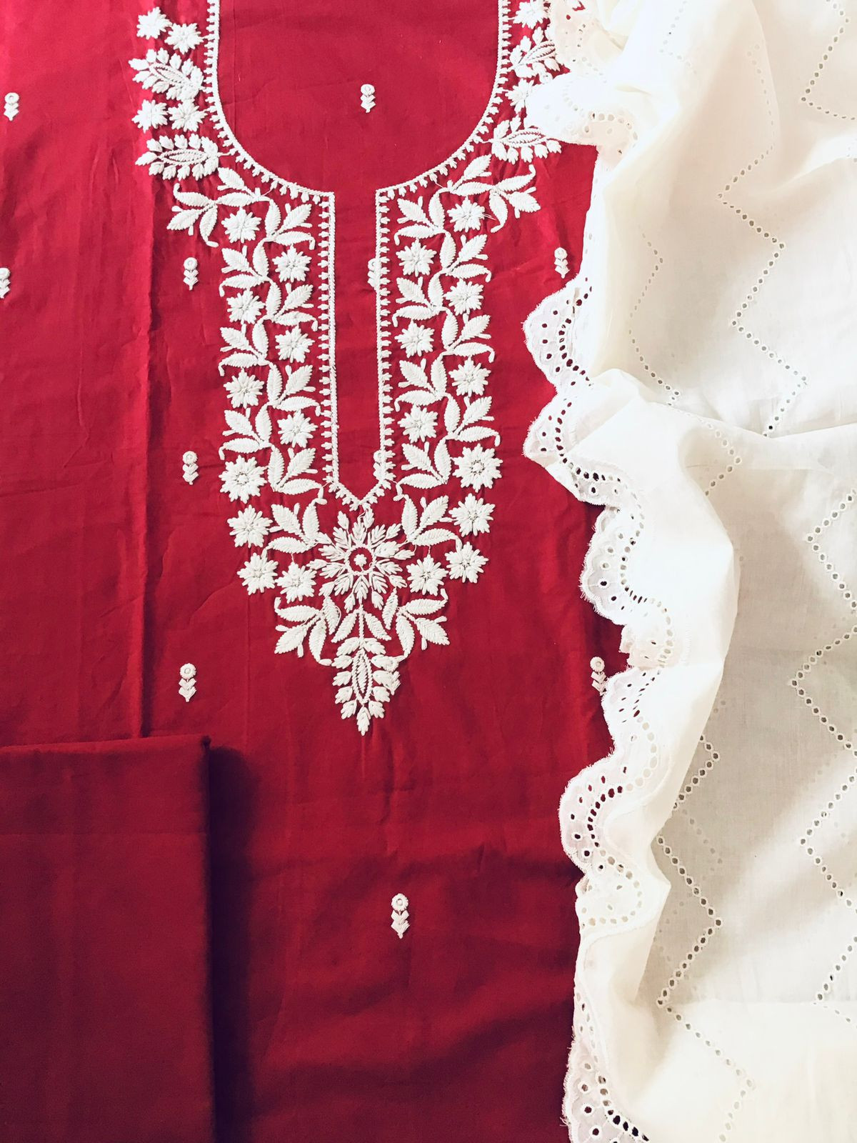 Pure Cotton Embroidered Suit - Red