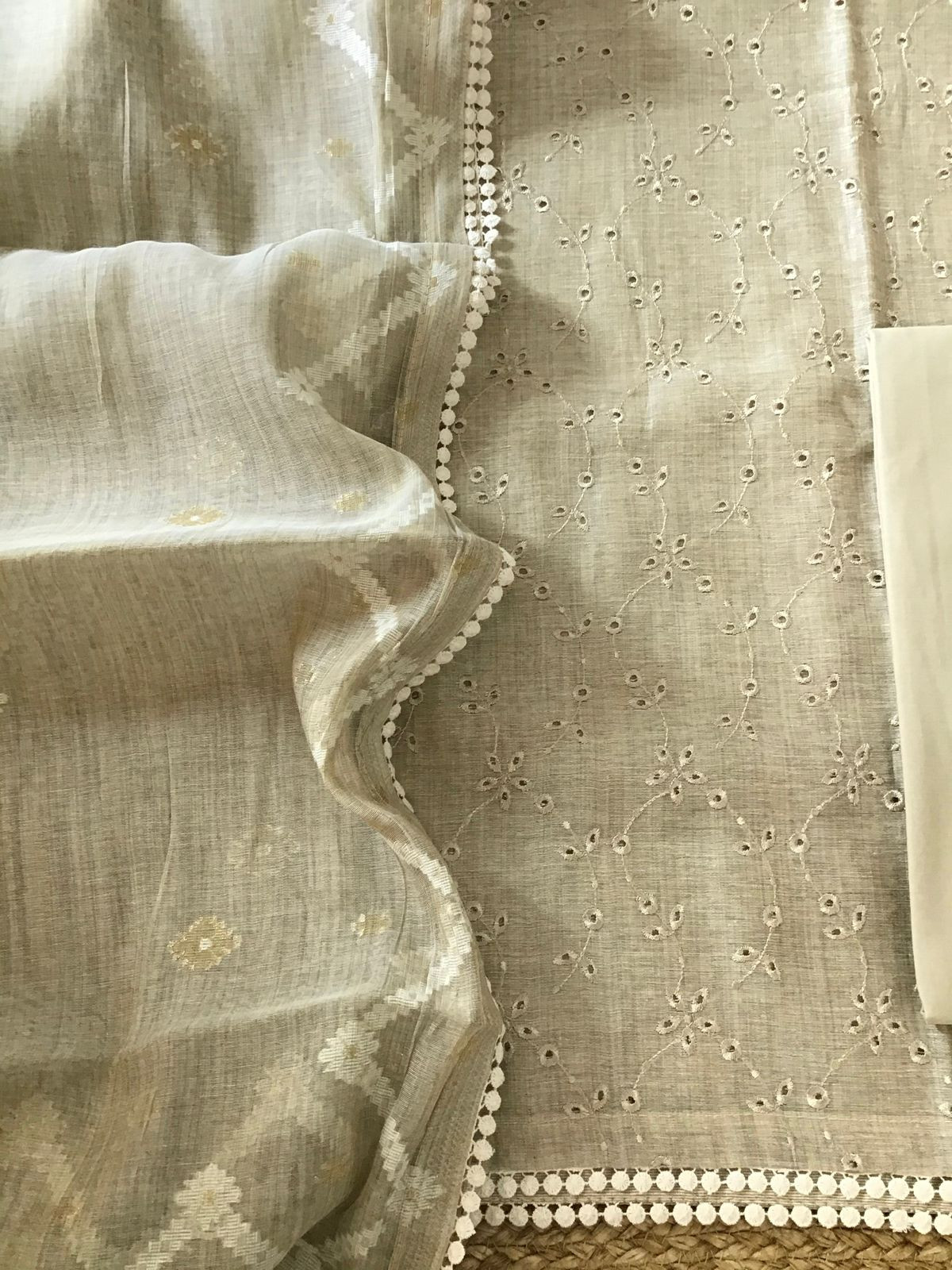 Soft Slub Chanderi Jamdani Weaved Embroidered Suit - Beige