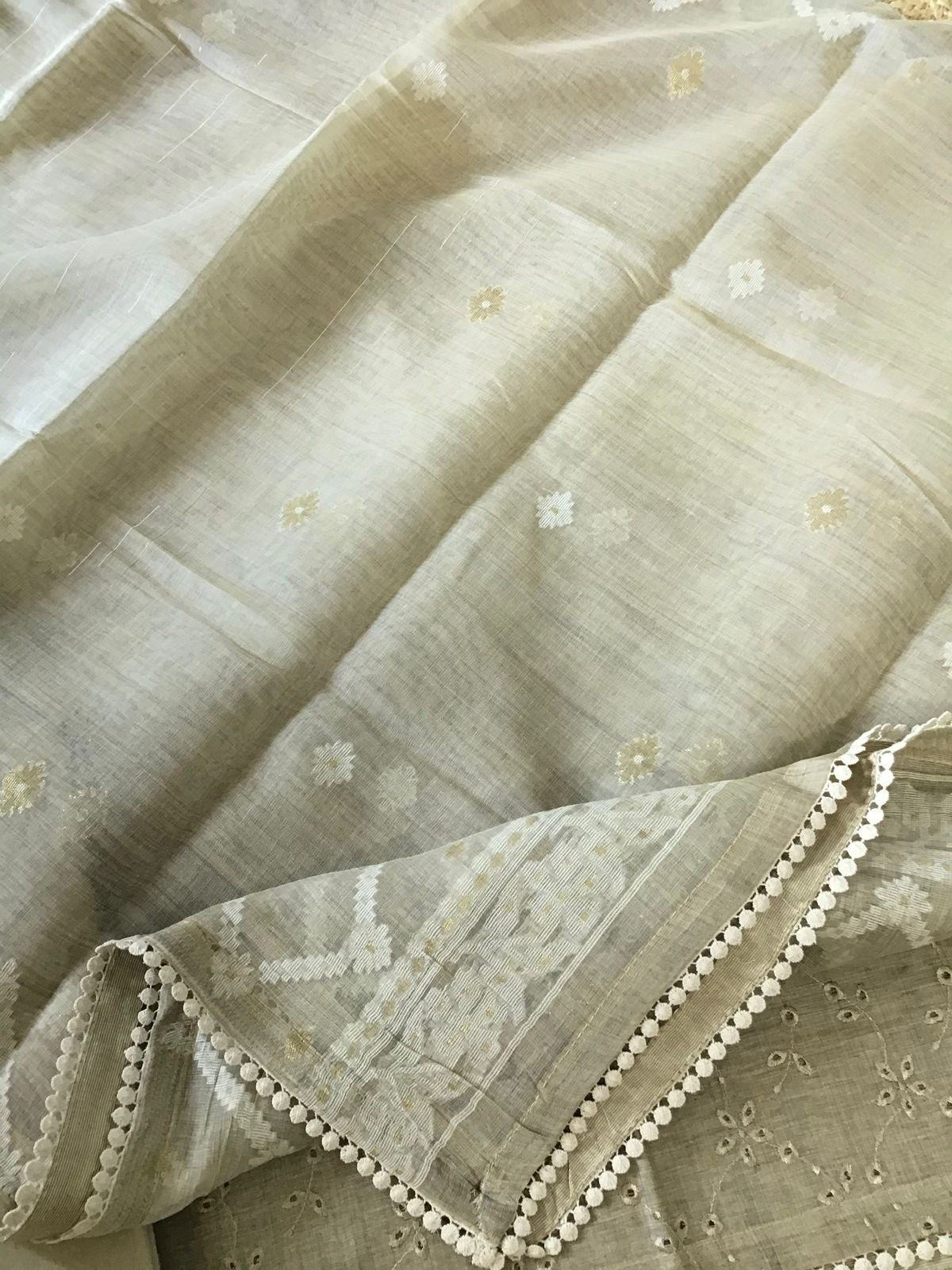 Soft Slub Chanderi Jamdani Weaved Embroidered Suit - Beige