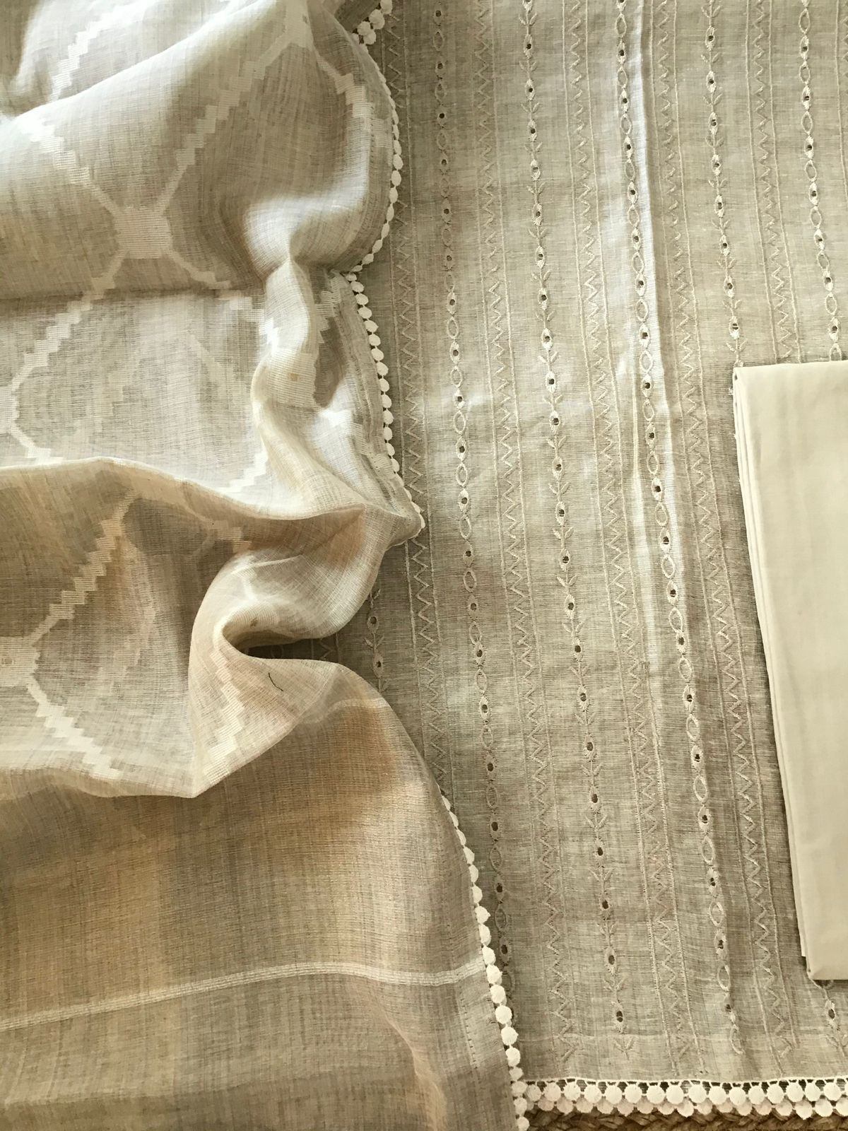 Soft Slub Chanderi Jamdani Weaved Embroidered Suit - Beige