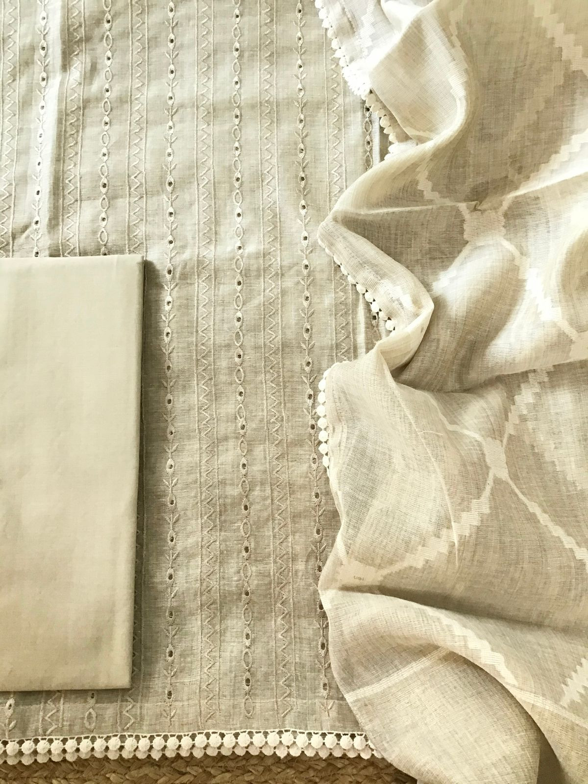 Soft Slub Chanderi Jamdani Weaved Embroidered Suit - Beige