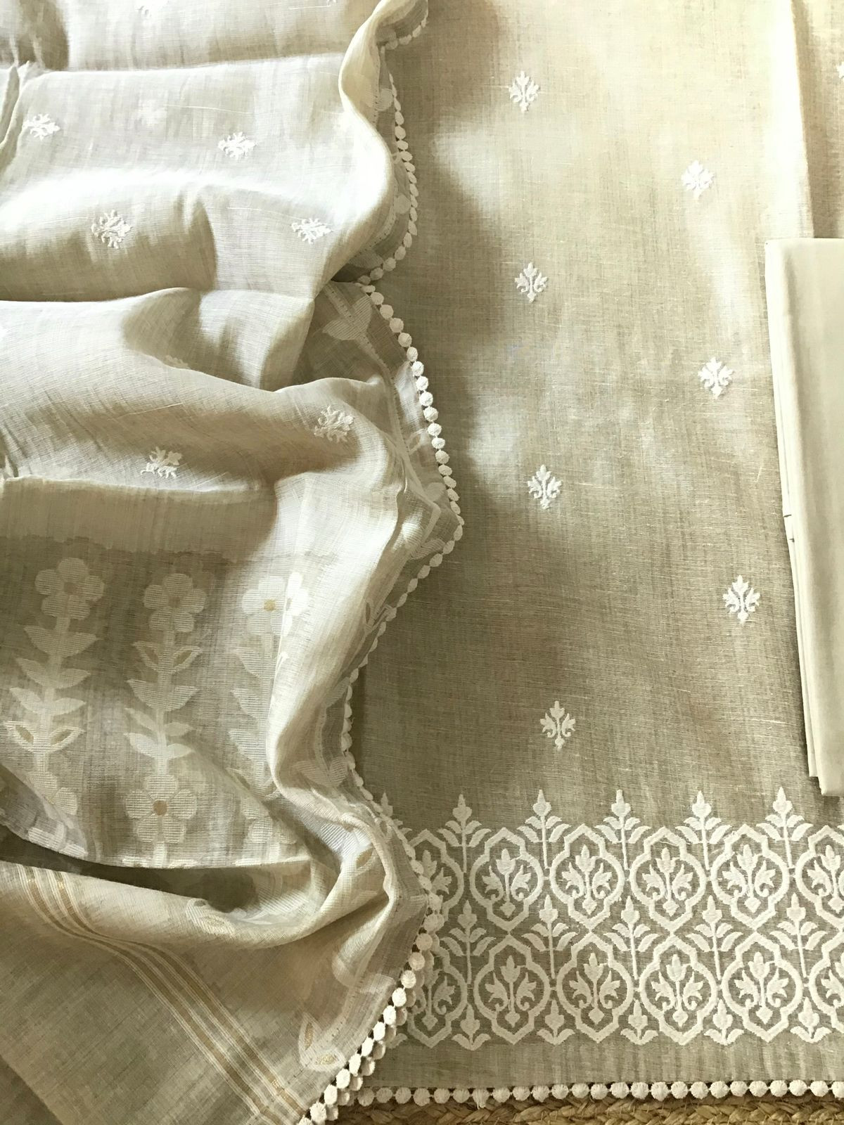 Soft Slub Chanderi Jamdani Weaved Embroidered Suit - Beige