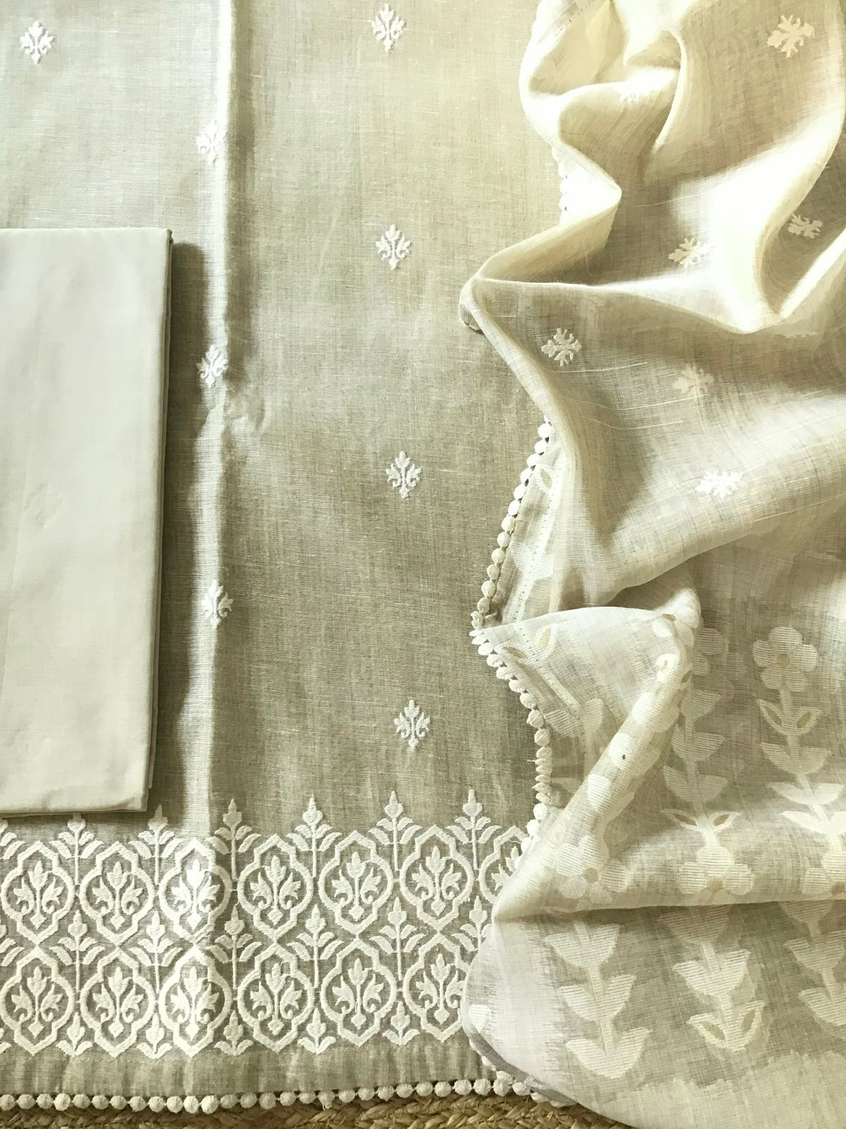 Soft Slub Chanderi Jamdani Weaved Embroidered Suit - Beige