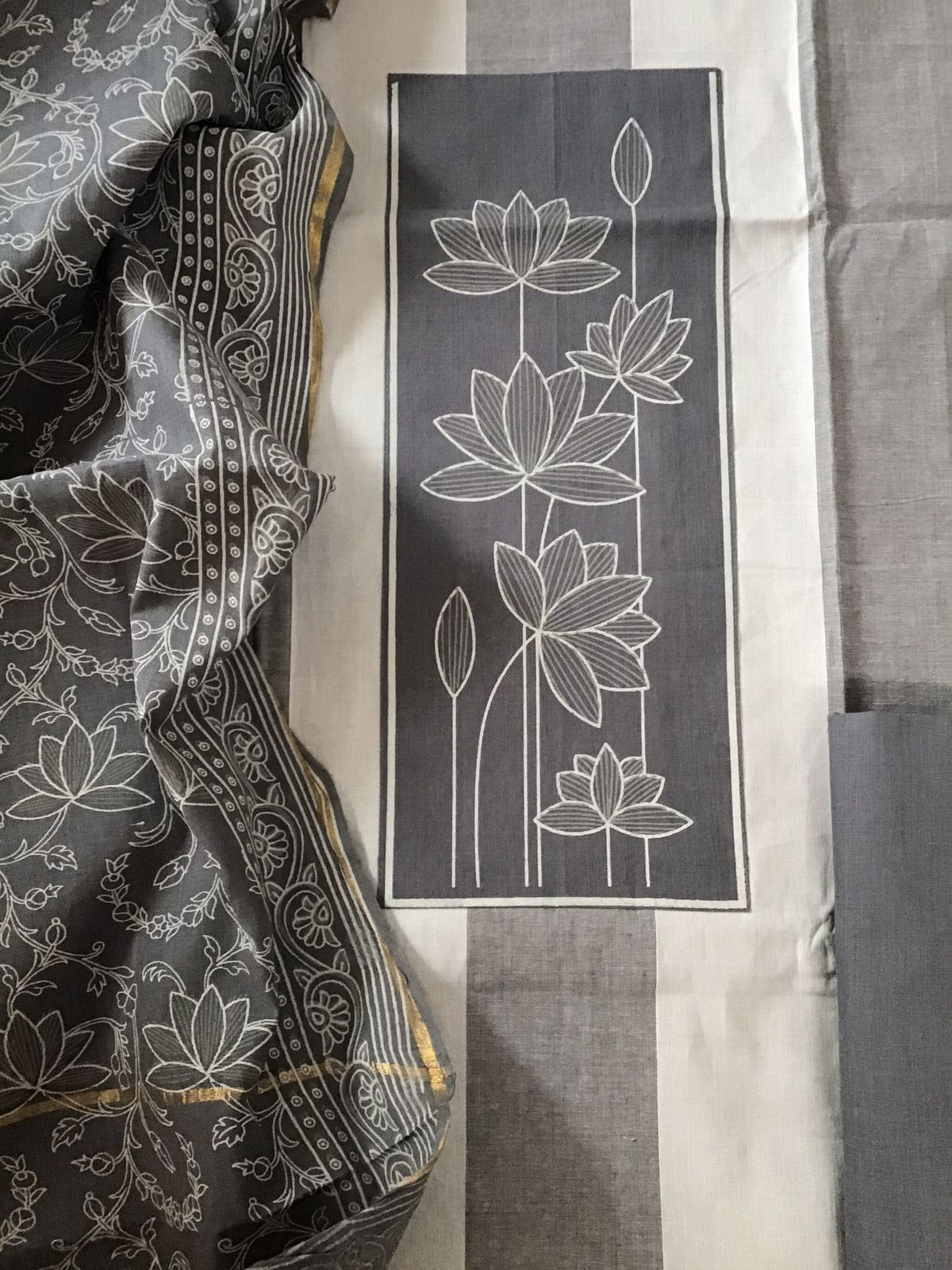 Pure Handloom Cotton Printed Suit - Grey