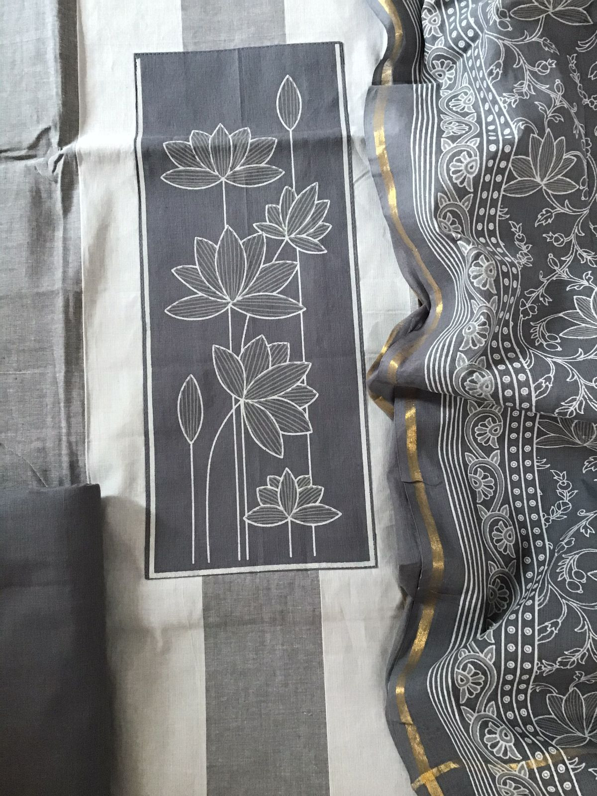 Pure Handloom Cotton Printed Suit - Grey