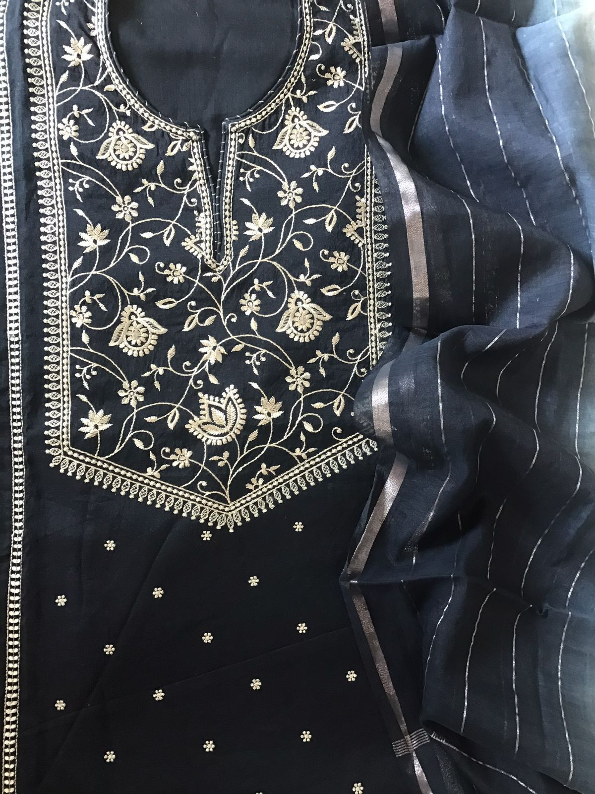 Pure Fine Upada Silk Embroidered Suit - Black