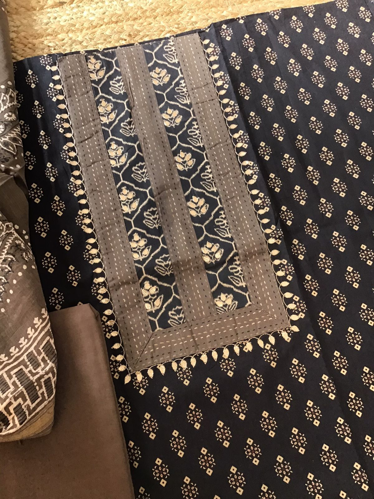 Pure Cotton Printed Embroidered Suit - Black