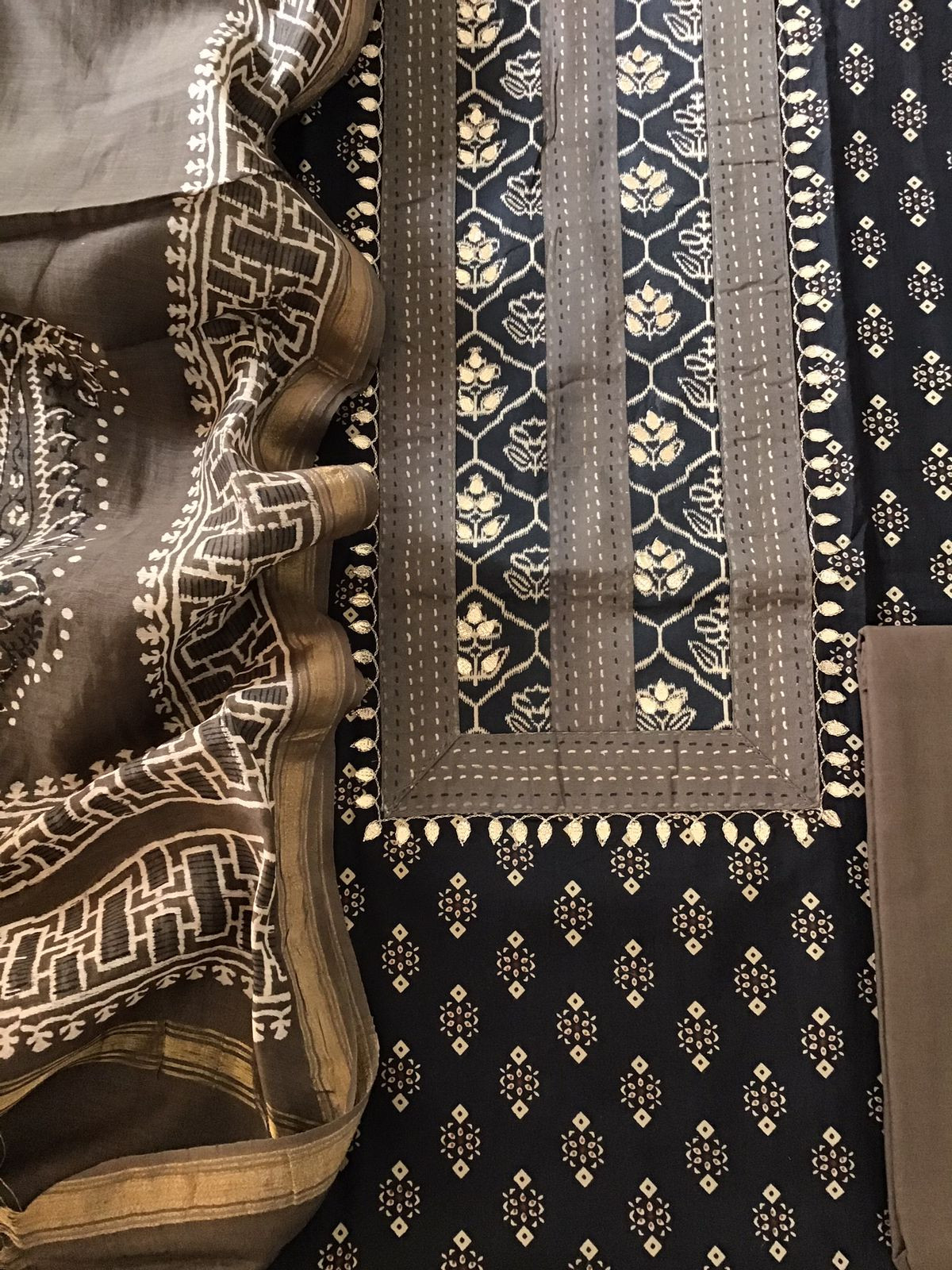 Pure Cotton Printed Embroidered Suit - Black