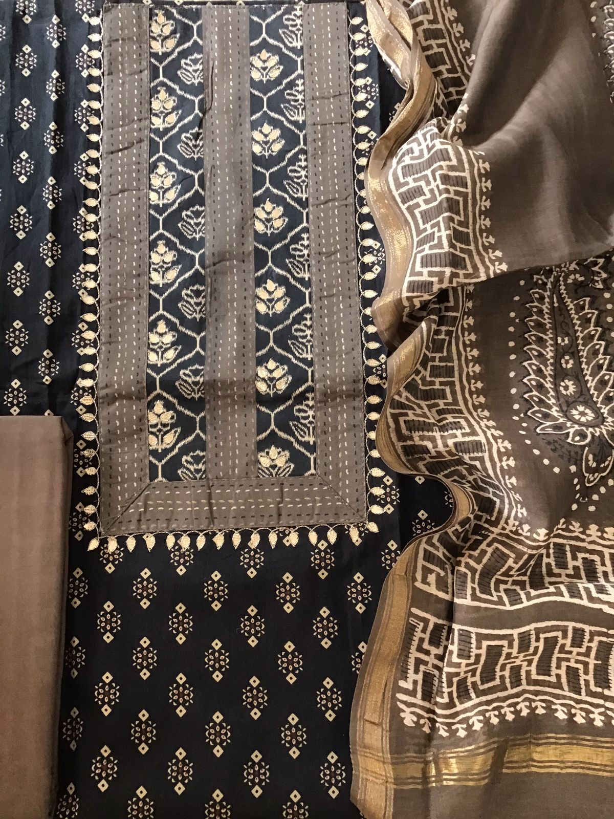 Pure Cotton Printed Embroidered Suit - Black