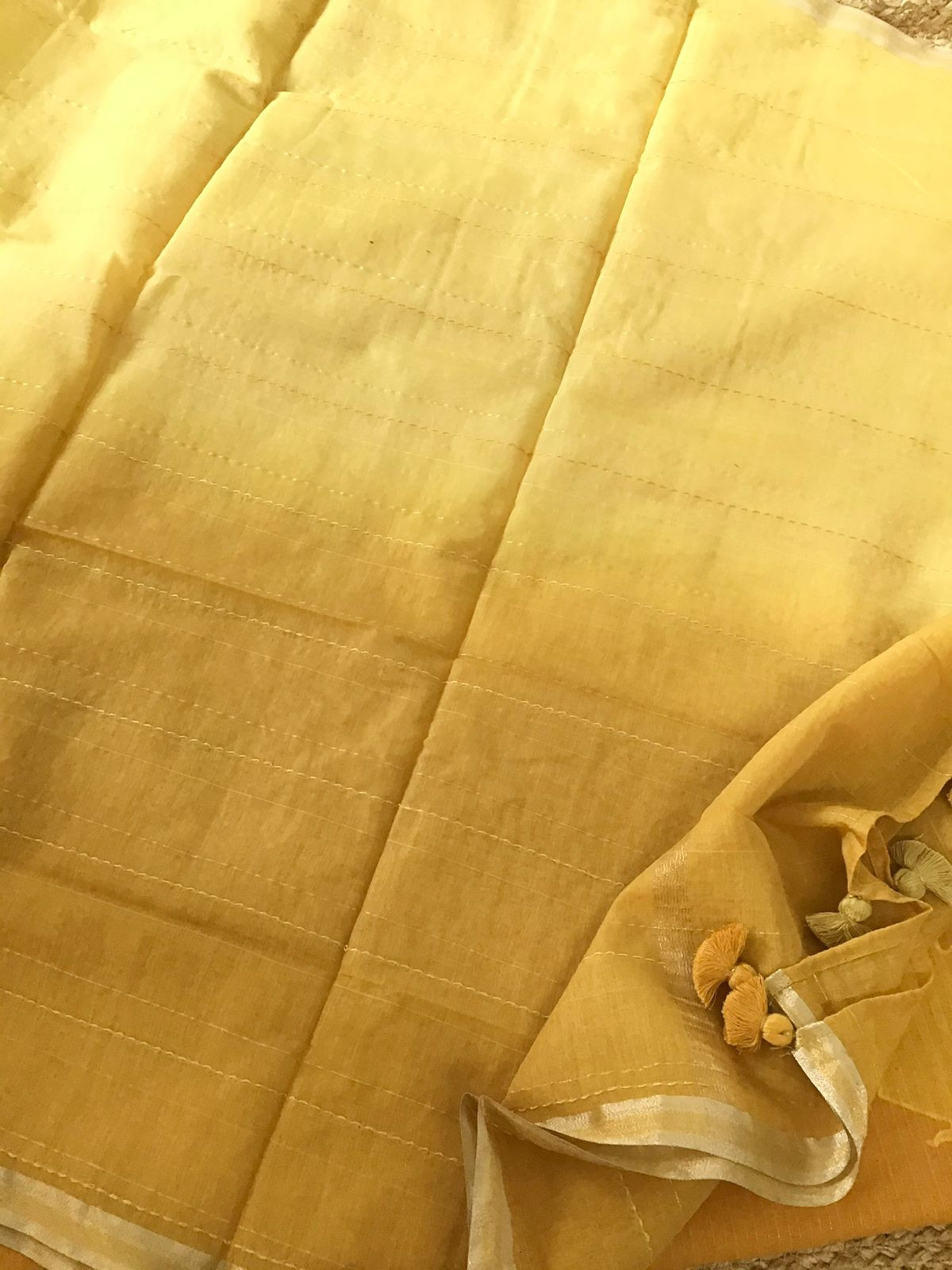 Pure Maheshwari Cotton Self Weaved Printed Embroidered Suit - Yellow